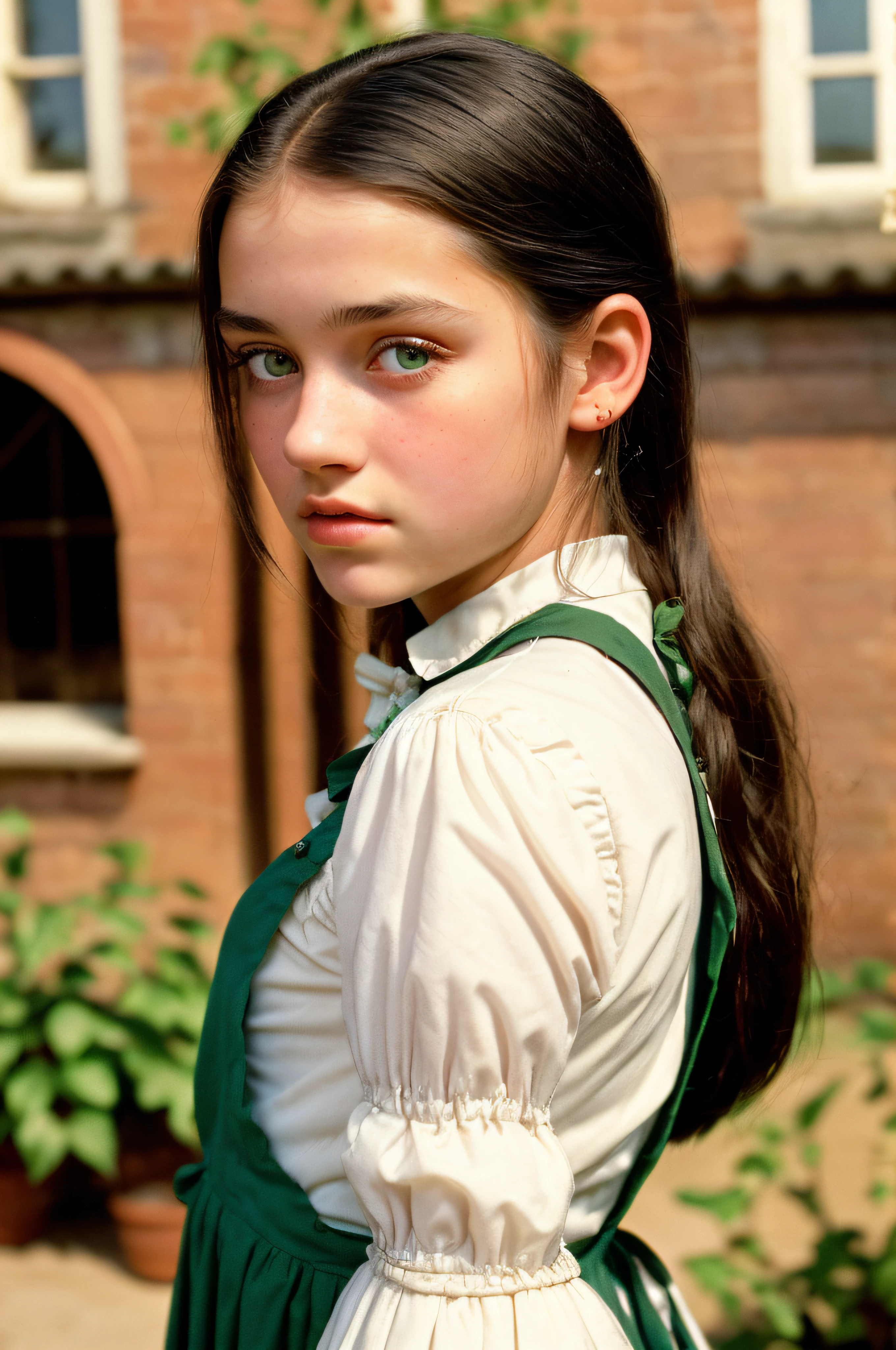 (a closeup of a, Editorial photo of a -yeld beiful girl in a poor work dress with an apron), (Serious:0.5) (Highly detailed face:1.4), ass pov, Nikon D850, film stock photograph ,4 Kodak Portra 400 ,camera f1.6 lens ,saturated colors ,hyper realistic ,lifelike texture, dramatic lighting , Cinestill 800, (in the courtyard In the village of the middle of the 19th century), 19th-century Victorian style, (black hair), (green colored eyes)