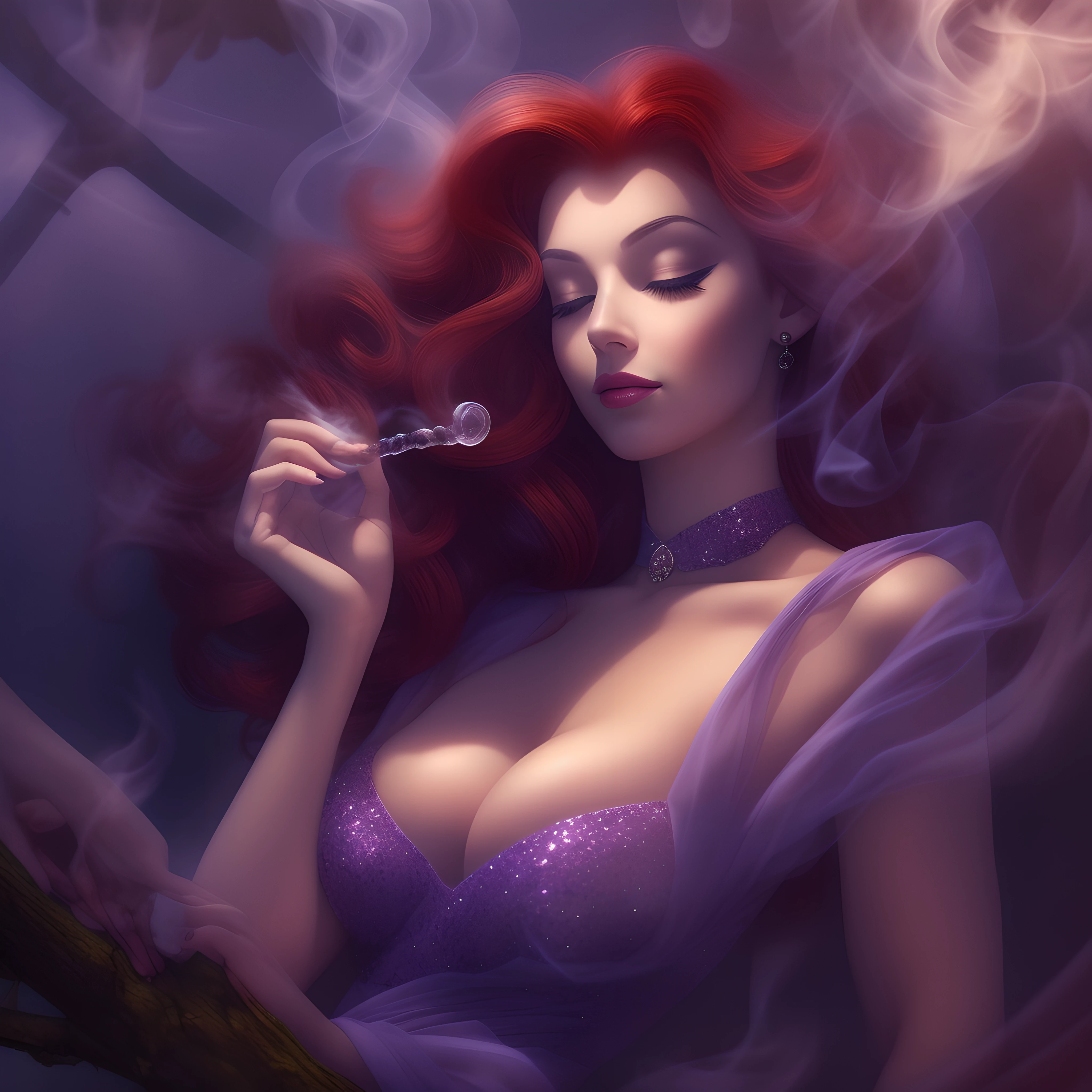 Jessica Rabbit sits relaxed under a tree, smiling alluringly as she puffs on an elegantly carved ivory pipe. Swirls of violet smoke rise up, slowly enveloping her in a hazy cloud. Her red hair and sparkling dress blend into the mist, so only her sultry grin is visible, azure eyes gleaming flirtatiously. The smoke takes sensual shapes, forming hearts, martini glasses and flapping feather fans that circle around Jessica's head before dissipating into the sultry night sky. Though immersed in her own world, Jessica radiates an aura of tempting tranquility.

In the foreground, Jessica sits with long legs crossed under an old oak, leaning casually against the trunk. Her revealing sequined gown drapes around her curvaceous body. In her gloved hand she holds the carved pipe, its bowl emitting steady violet smoke that rises in tendrils. Jessica's eyes are closed lightly, face peaceful yet vaguely mischievous.

As the smoke dances, it transforms into symbols of allure around her. A fan flaps left, a heart floats right, a martini glass tilts overhead. The violet smoke swirls higher against the inky sky, forms blending into haze. Moonlight filters through leaves, illuminating Jessica's slyly flirtatious face. Though enveloped in smoke, she emanates allure and contentment, lost in her own world of temptation.