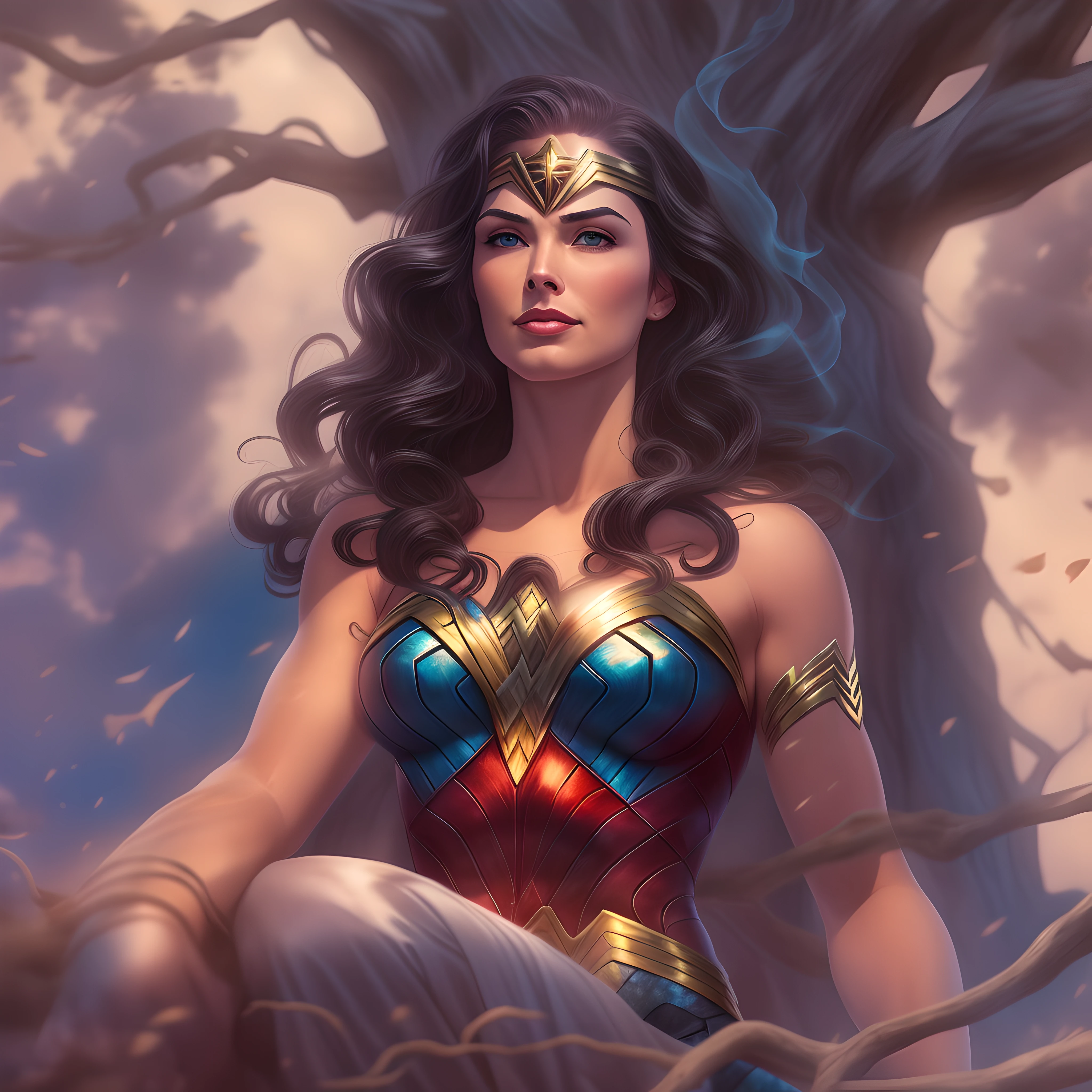 Wonder Woman sits relaxed under an olive tree, smiling confidently as she puffs on an ornately carved golden pipe. Swirls of smoke rise up, slowly enveloping her in a hazy cloud. Her dark hair and red bodice blend into the mist, so only her self-assured grin is visible, bright blue eyes gleaming boldly. The smoke takes fantastical shapes, forming stars, shields and soaring eagles that circle around Wonder Woman's head before dissipating into the serene blue sky. Though immersed in her own world, Wonder Woman radiates an aura of majestic tranquility.
In the foreground, Wonder Woman sits with legs crossed under the ancient olive, leaning casually against the trunk. Her iconic uniform drapes around her athletic build. In her strong hand she holds the carved pipe, its bowl emitting steady smoke that rises in tendrils. Wonder Woman's eyes are closed lightly, face peaceful and sure.
As the smoke dances, it transforms into Amazon symbols around her. An eagle soars left, a shield defends right, a star glows overhead. The smoke swirls higher against the bright sky, forms blending into mist. Sunlight filters through leaves, illuminating Wonder Woman's content face. Though enveloped in smoke, she emanates power and satisfaction, lost in her own world of strength.