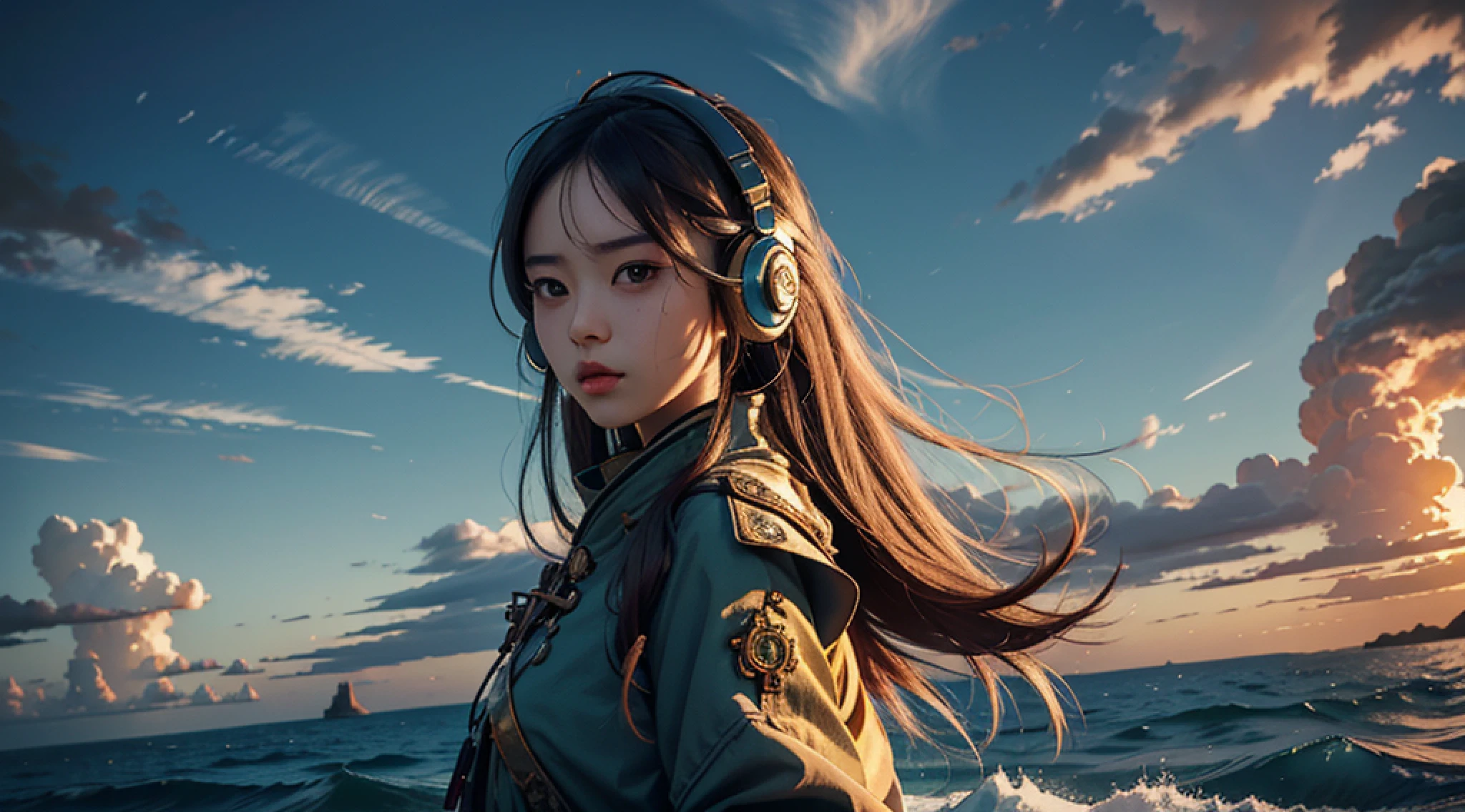 best qualtiy,tmasterpiece,超高分辨率,(realisticlying:1.4),Detal Face,
An anime girl standing by the sea with headphones on,In realistic ultra-detailed portraits、Cabin core、earth colors、Ambitious、dinosaurs、Atmospheric clouds、fearless、The style of the character inspired by the manga