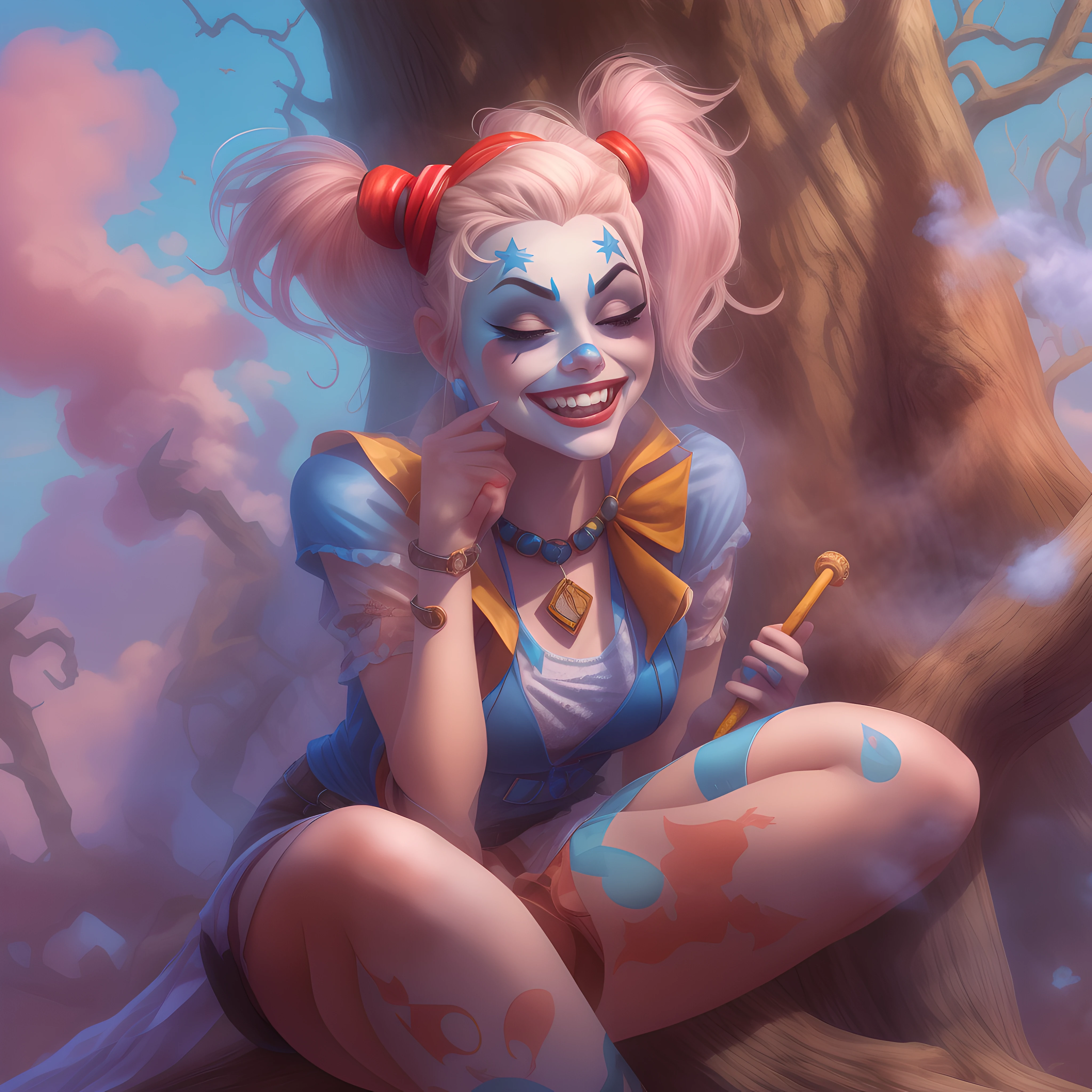 Harley Quinn sits relaxed under a crooked tree, smiling impishly as she puffs on a comically carved wooden pipe. Swirls of candy-scented smoke rise up, slowly enveloping her in a pastel haze. Her blonde pigtails and colorful outfit blend into the mist, so only her playful grin is visible, baby blue eyes gleaming with mischief. The smoke takes whimsical shapes, forming chattering teeth, squeaky mallets and fluttering jester hats that circle around Harley's head before dissipating into the cheerful blue sky. Though immersed in her own world, Harley radiates an aura of chaotic tranquility.
In the foreground, Harley sits with legs crossed under the warped tree, leaning casually against the trunk. Her red and black jester costume drapes around her petite yet athletic body. In her gloved hand she holds the carved pipe, its bowl emitting steady candy smoke that rises in tendrils. Harley's eyes are closed lightly, face peaceful yet faintly puckish.
As the smoke dances, it transforms into silly shapes around her. A hat flutters left, a hammer bonks right, chattering teeth chatter overhead. The cotton candy smoke swirls higher against the bright sky, forms blending into mist. Sunlight filters through twisted branches, illuminating Harley's delighted face. Though enveloped in smoke, she emanates gleeful mayhem and contentment, lost in her own world of fun.