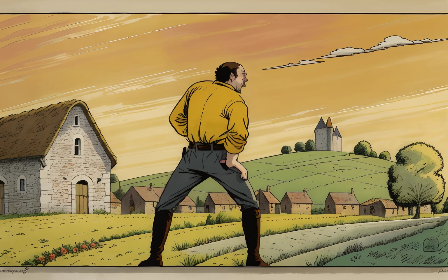 Line art in warm colours, one old medieval French stone barn with a grey slate roof, in a field, summer, sunny afternoon, (ligne claire, strong lines, no hatching), in the style of Franco-Belgian comics, in the style of fantasy comics, by Edgar P. Jacobs, by Herge, by Jacques Martin