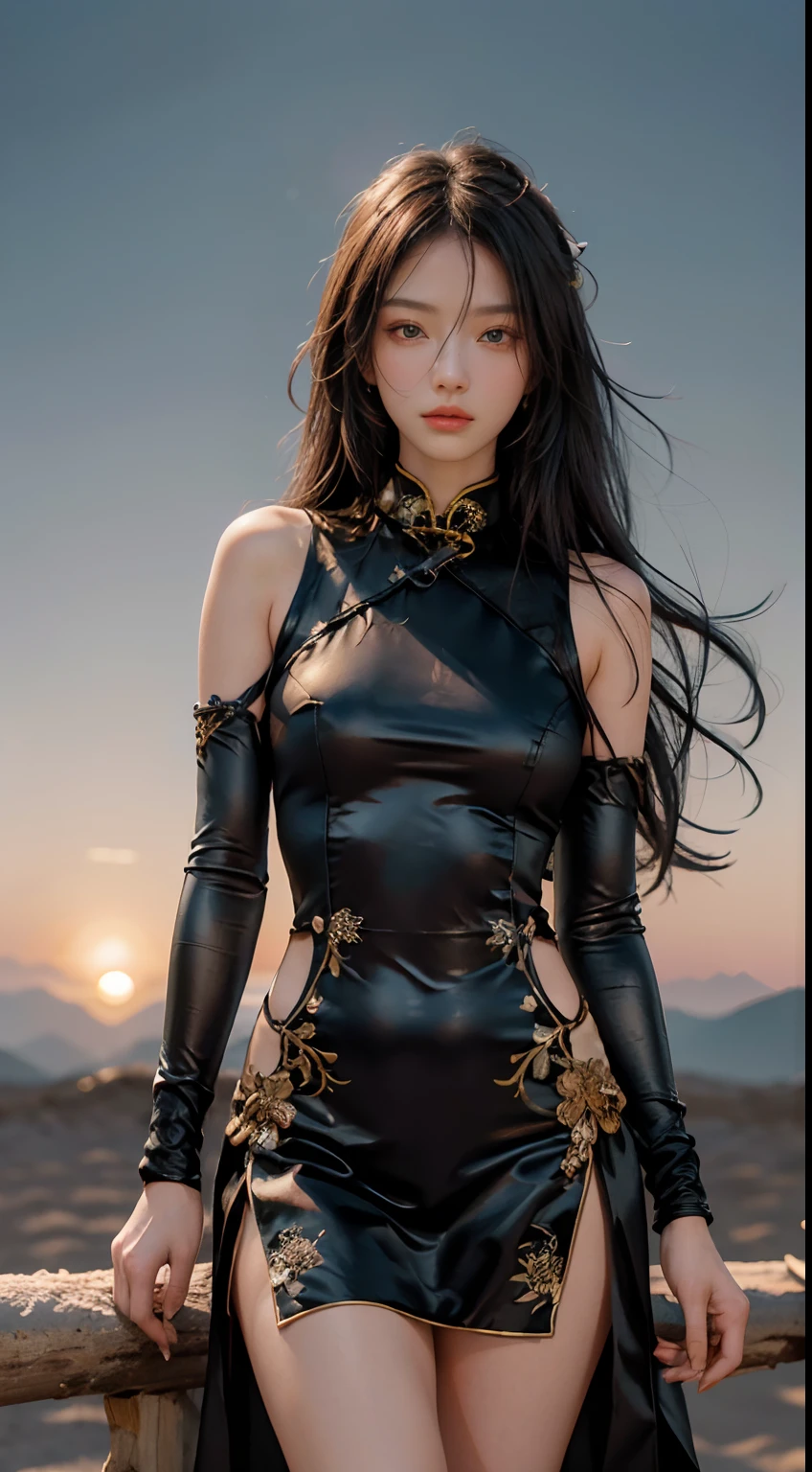 ((Masterpiece)), ((High detail)), photography of，real photograph，1 Cheongsam Girl, ((Ultra-detailed)),((Delicate face)), Beautiful detailed eyes, (Black gold gradient，high light,Gradient hair),Long hair, Floating hair, ,hairs between eyes, GSHead,1girll ,Solo,The eye,Genshin_impact,Look at the viewer, ((full_Body,Distant view)), Foot wide-angle shooting, Strong light and shadow, Cinema lenses，tmasterpiece，Super quality，A girl with long hair， A desert，on cheongsam，Silk cheongsam，18yr old，Big eyes，Long hair coiled，Sunset afterglow，entire character，cropped shoulders，show legs，Snow-white thighs，Long legs，8K，Ultra-clear resolution，Ultra-fine painting，Flat desert，Distant horizon，Vast desert，Sand