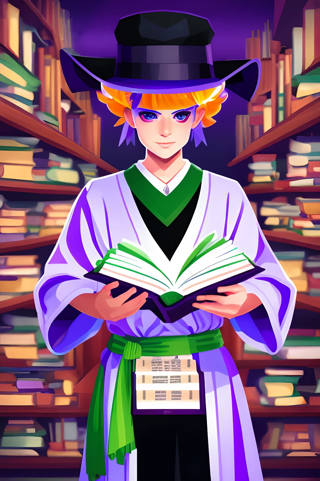 1girl, touhou, patchouli knowledge, white headwear, crescent hat ornament, purple hair, purple eyes, white robe with purple stripes, holding book, standing, looking at viewer, in a library, bookshelves
vector art, Kurzgesagt, sharp focus, (HDR), (8k), (gigapixel), ((masterpiece))