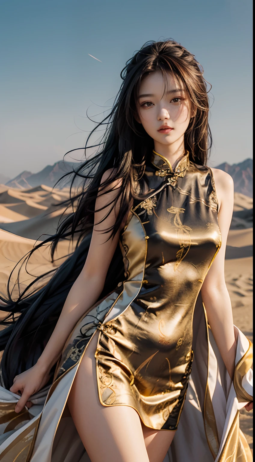 ((Masterpiece)), ((High detail)), photography of,real photograph,1 Cheongsam Girl, ((Ultra-detailed)),((Delicate face)), Beautiful detailed eyes, (high light,Gradient hair),Long hair, Floating hair, ,hairs between eyes, GSHead,1girll ,Solo,The eye,Genshin_impact,Look at the viewer, ((full_Body,Distant view)), Foot wide-angle shooting, Strong light and shadow, Cinema lenses,tmasterpiece,Super quality,A girl with long hair, A desert,on cheongsam,Silk cheongsam,18yr old,Big eyes,Long hair coiled,Sunset afterglow,entire character,cropped shoulders,show legs,Snow-white thighs,Long legs,8K,Ultra-clear resolution,Ultra-fine painting,Flat desert,Distant horizon,Vast desert,Sand,Dressed in a flowing manner、Silky traditional oriental dress,Decorated with intricate patterns and bright colors,Highlights her seductive silhouette,((The background is a large flat desert))