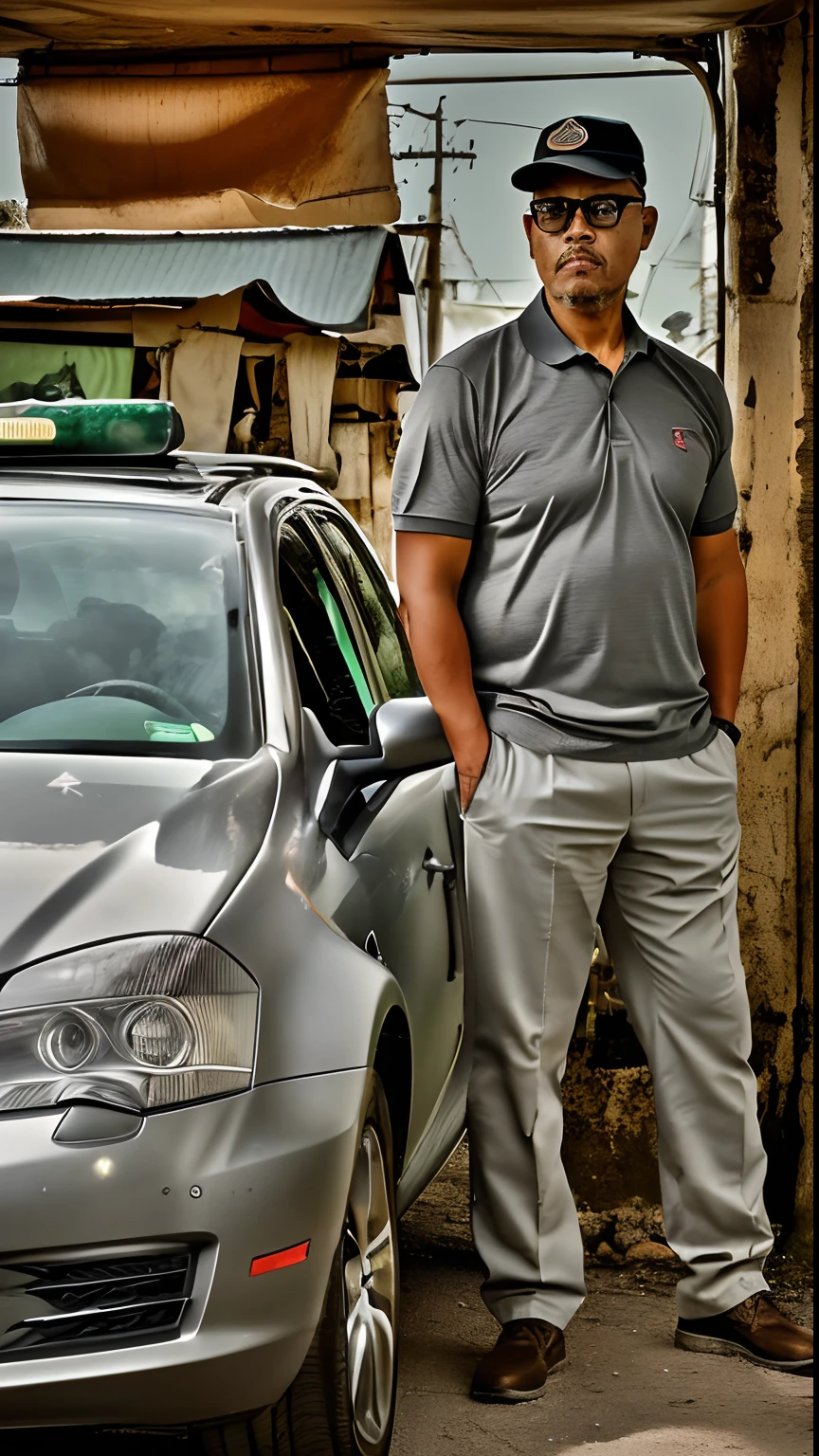 guttonervision8, Photograph of a silver gray sedan car with the front facing the viewer and next to the car a man in sunglasses looking at the viewer, Facing the camera squarely, with your hands in your pockets, (((vestindo camiseta polo preta))), (((calca bege estilo safari com bolsos laterais))) e botina de trilha. (((cenario noturno))) com (((chao molhado))) e edificios de ambos os lados ds rua iluminada pelas luzes da rua. Fotografia profissional com camera Fujifilm XT3 (hiper-realismo: 1.3), (fotorrealista, 8k, UHD: 1.3), (hiper detalhado: 1.2), Photography with Chiaroscuro Technique
