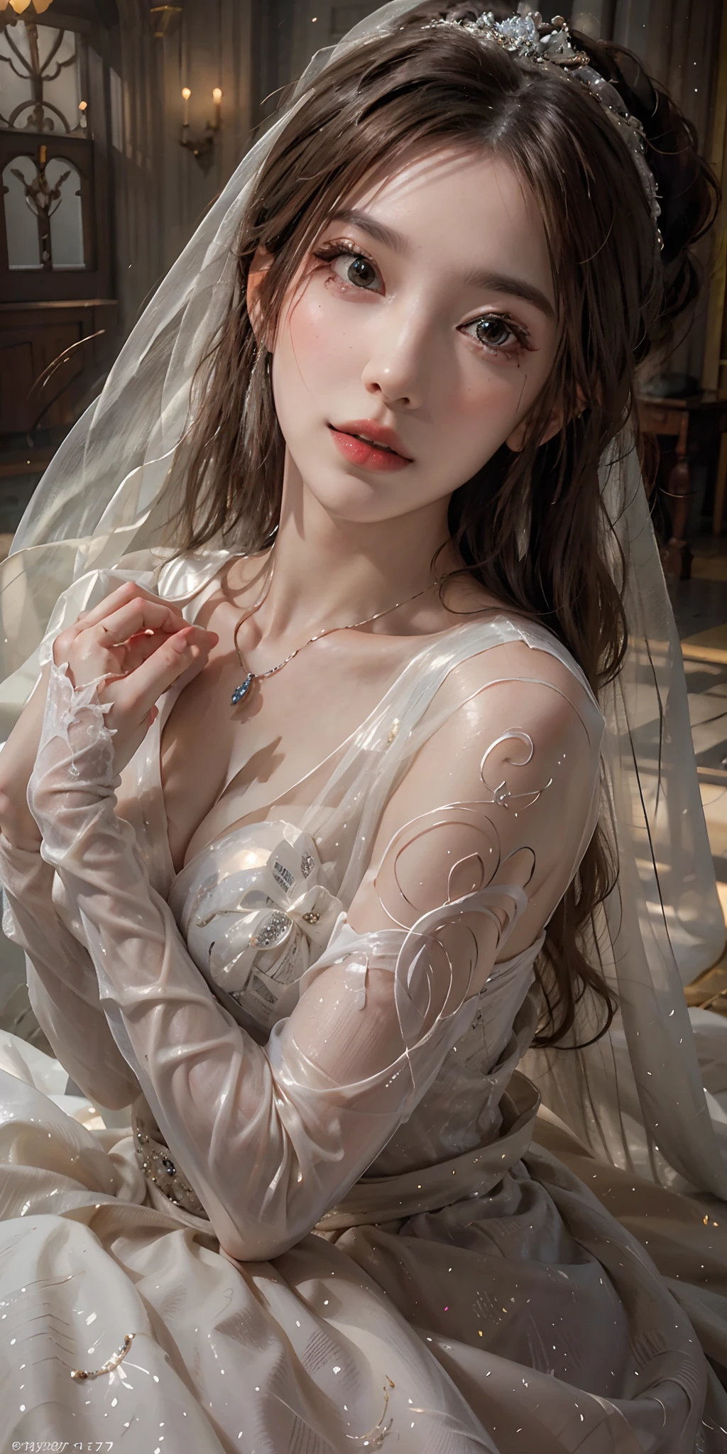 photorealistic, high resolution, soft light,1women, solo, hips up, look at viewer, (detailed face), long hair, Beautiful girl, wedding princess dress, tattoo, jewelry