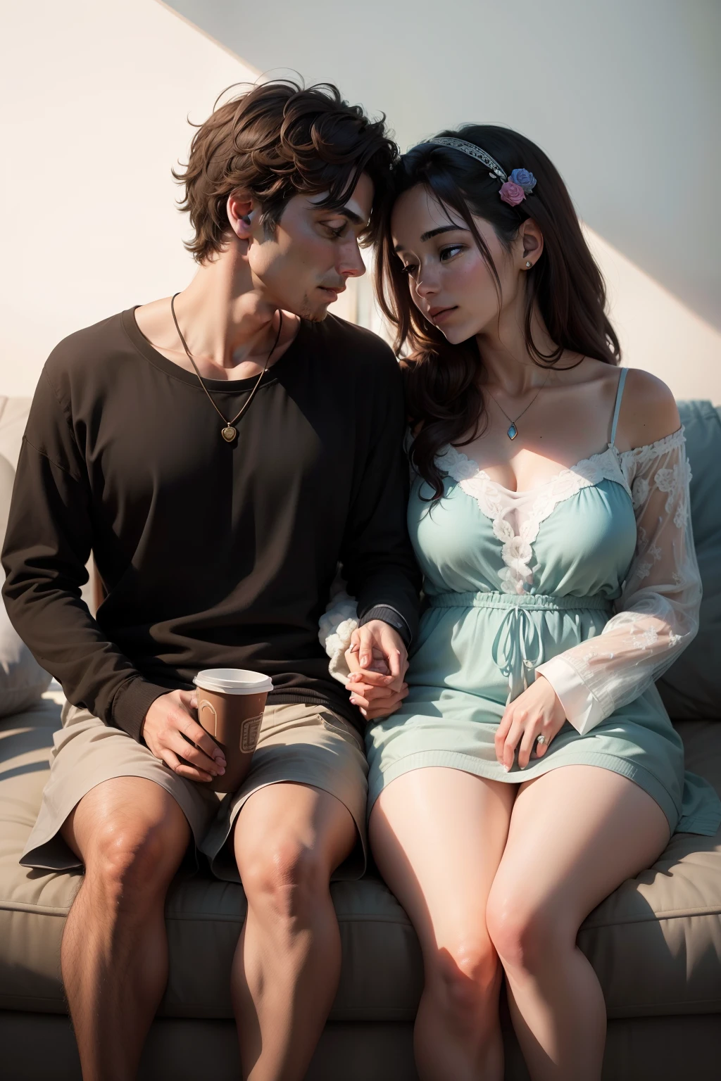 Imagine two soulmates in love who met on the internet, in an open space, realistico