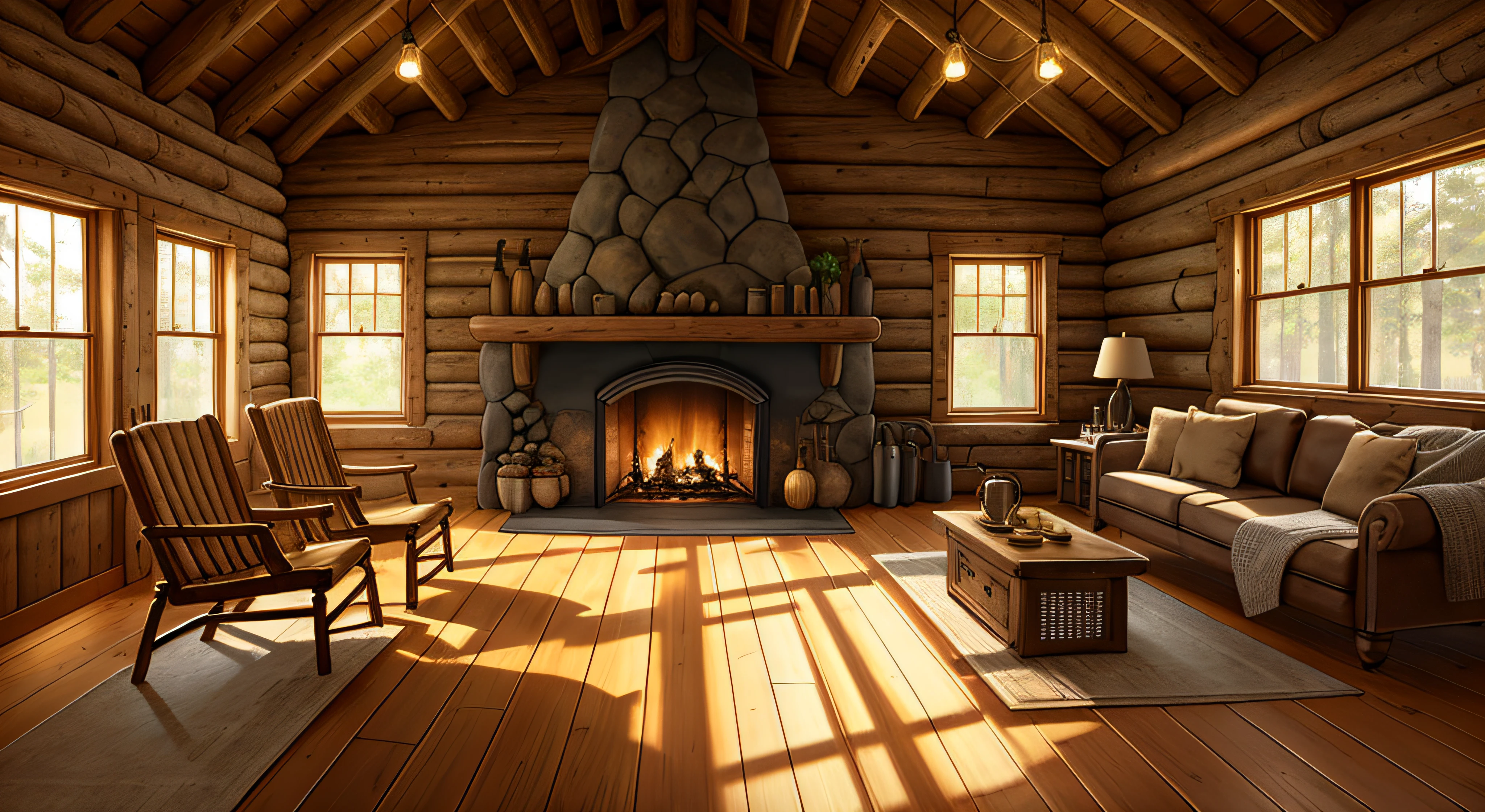 Cabin interior, Complete with wooden walls decorated with various hunting trophies, Eggplant horn, and animal skins. A large stone fireplace dominates one wall, Flames were dancing, casting flickering shadows throughout the room. A bearskin rug covers part of the earthen floor, Add texture and depth to your scene. The furniture consists of a sturdy wooden table and benches, With a few comfortable armchairs covered with thick fabric. Rustic relaxation, dusty, Ages well, Volumetric lighting, intrikate