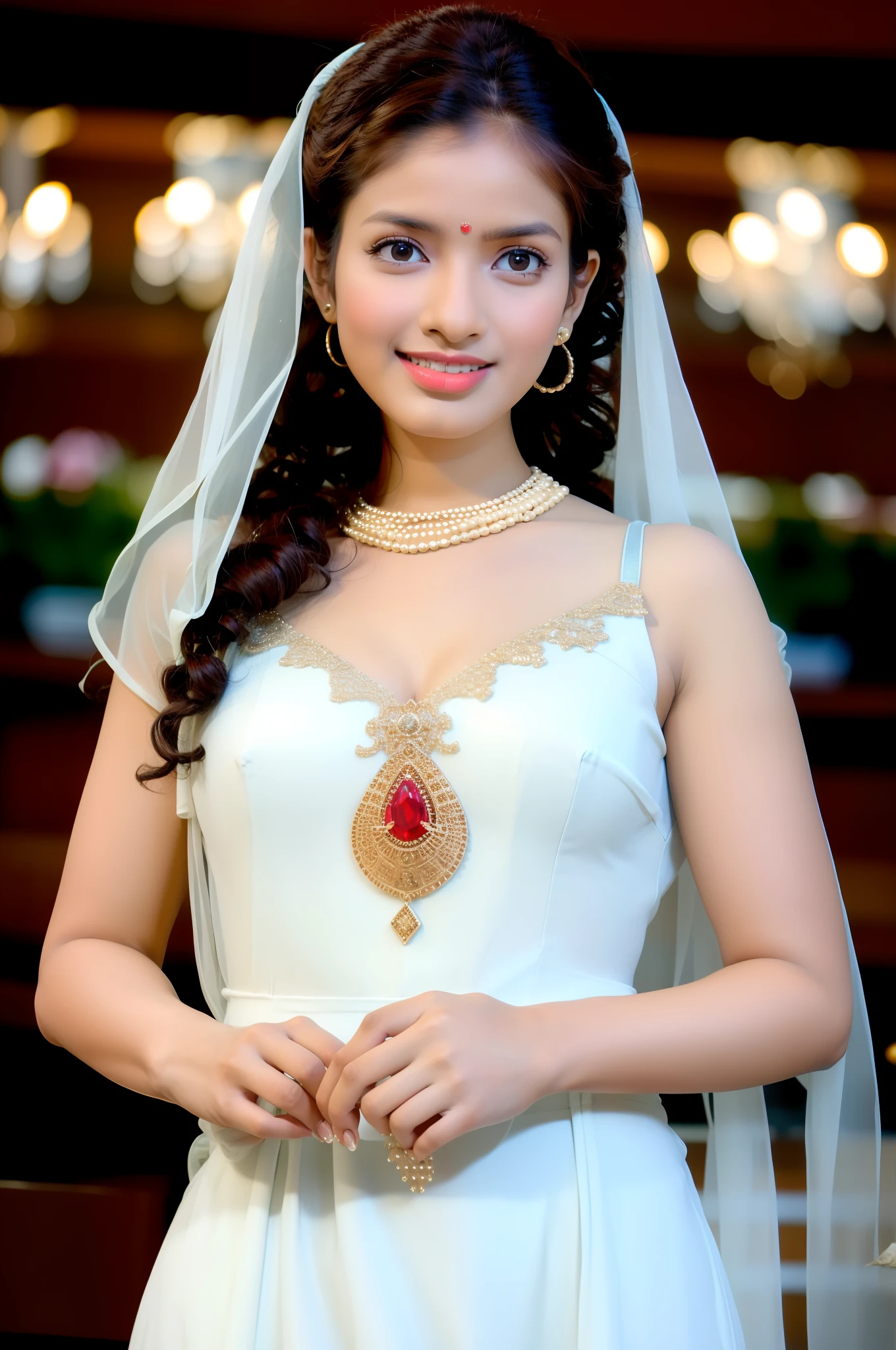 Replace with Indian girl with hitech fashion , curly hair, red dress and jewellery