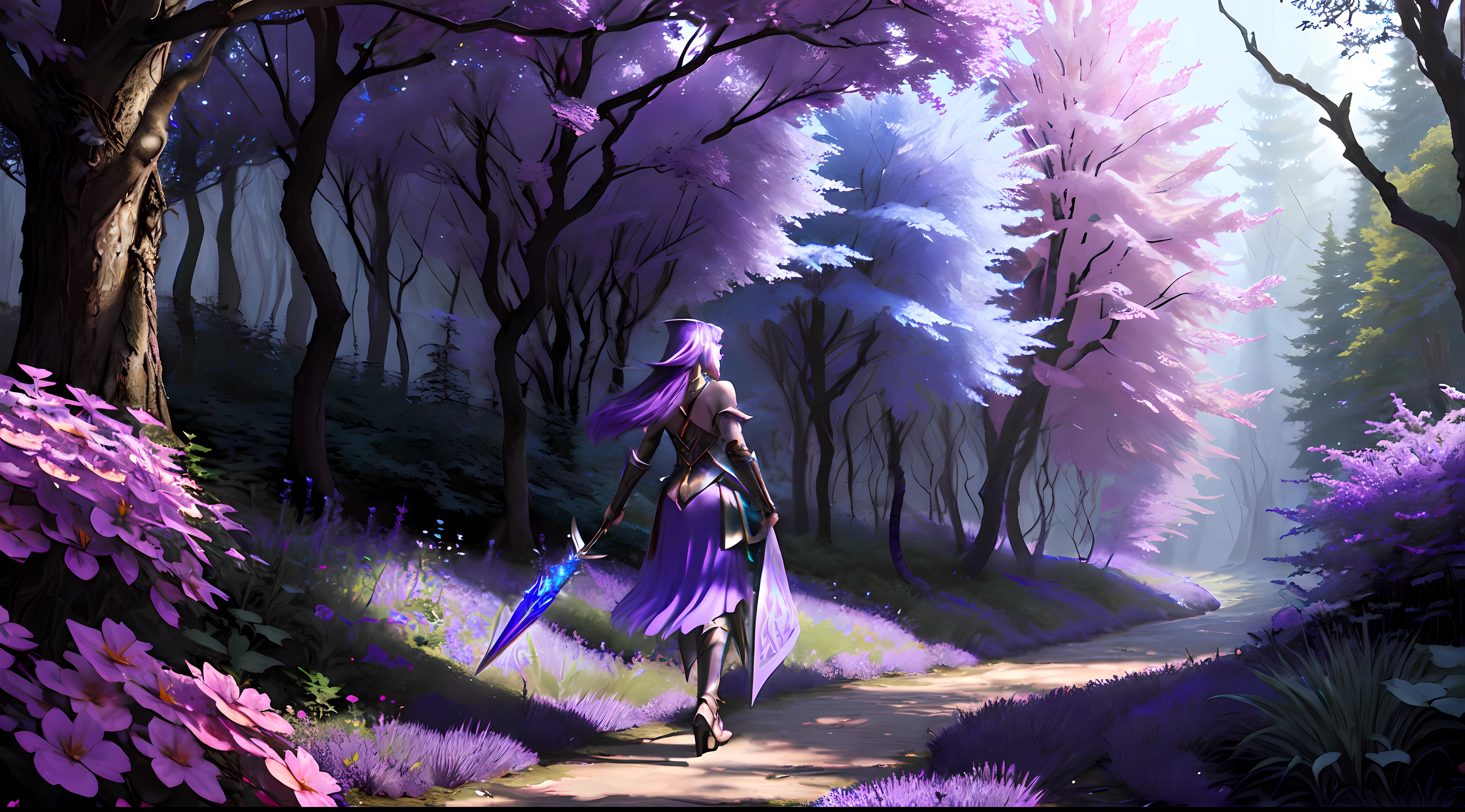 "A stunningly detailed artwork portraying a mesmerizing scene of a fierce and elegant female elf warrior with vibrant purple hair. She fearlessly wields a mighty two-handed claymore as she enters a wondrously enchanted forest. The artwork showcases a high-definition fantasy style with elements of anime inspiration."