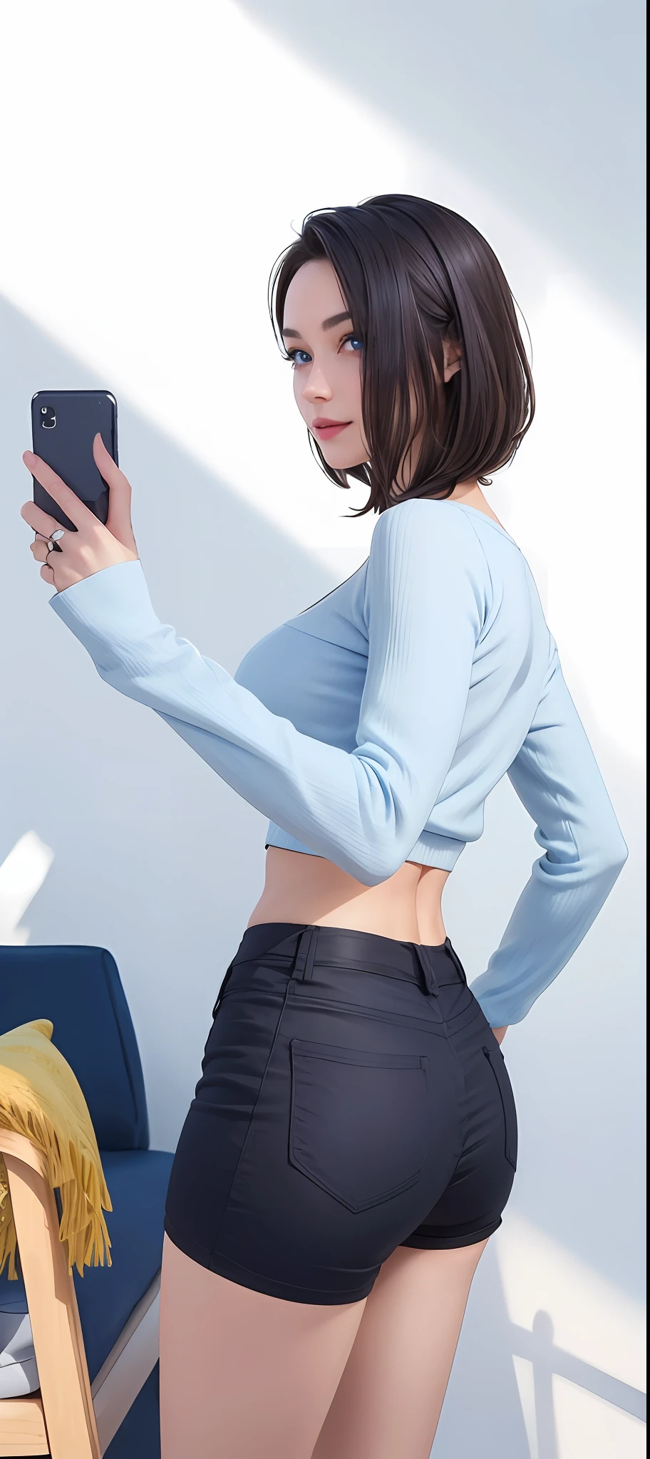 ((((masterpiece, best quality, high resolution)))), Extremely detailed 8K, Beautiful girl with slender body, (Ultra HD, Ultra-detailed, Highly detailed, Highly realistic, Ultra-realistic, photograph realistic), (1girl:1.5), (dynamic poses), facing at camera, light smile, average breasts, cleavage, blush, (beautiful detailed face, beautiful detailed eyes), dark hair, short wavy hair, blue eyes,