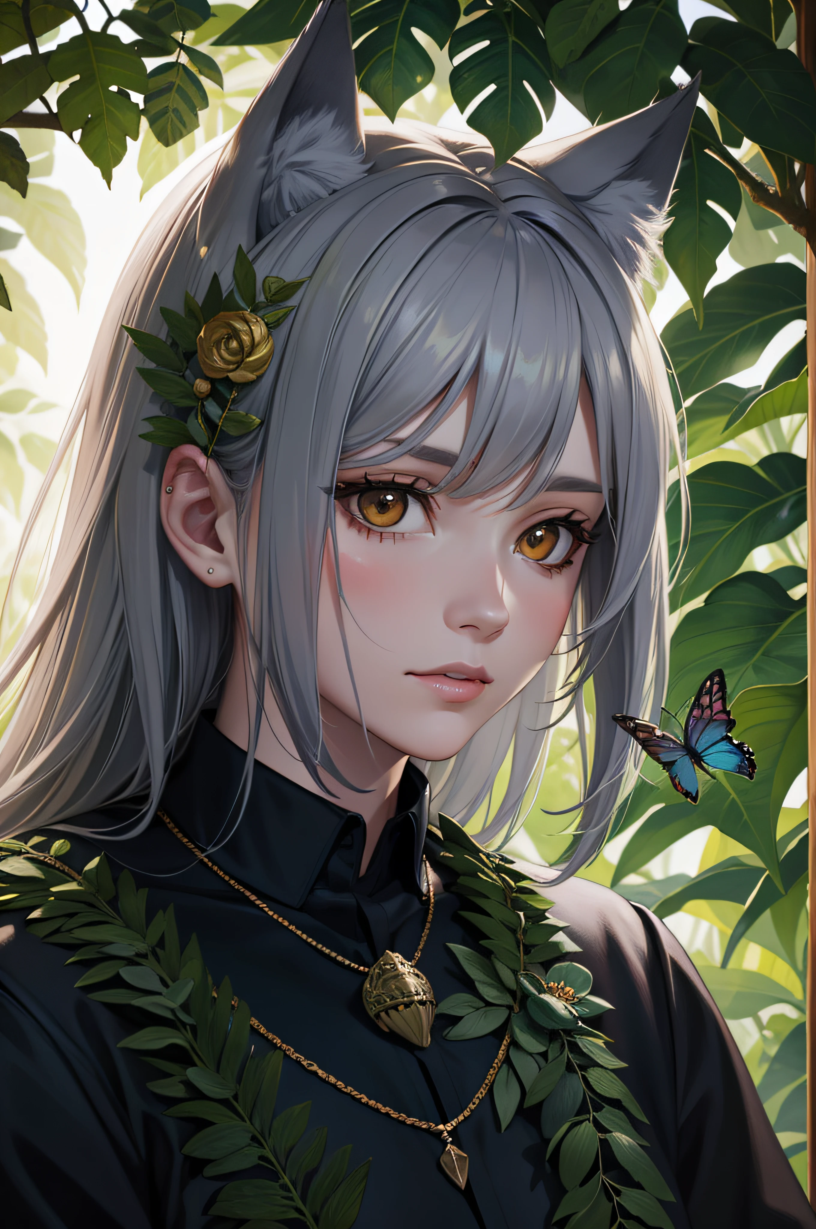 wolf portrait, ferns, butterflies, oilpainting, cinematic lighting