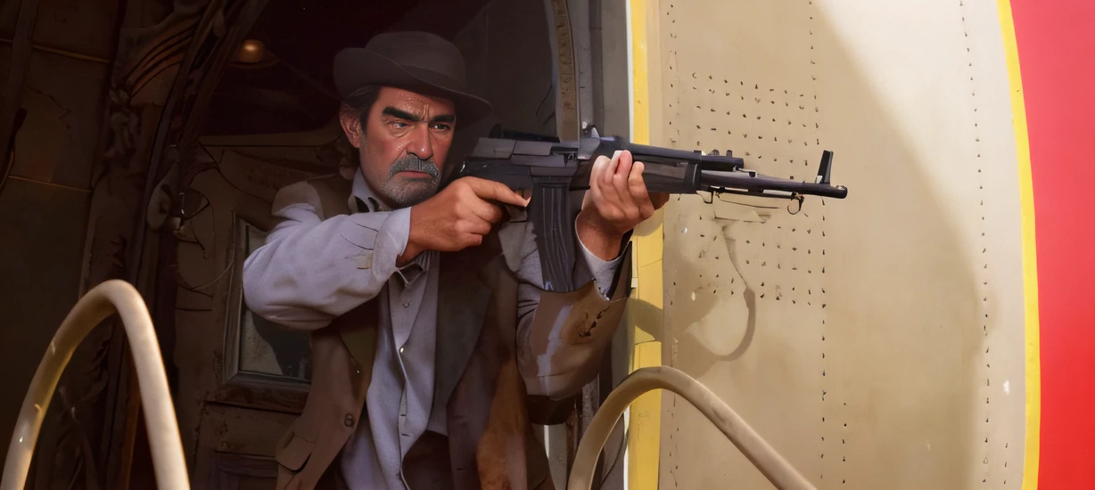The Araved man in the hat holds a gun in the doorway, Tommy gun, action scene from the film, scene from a 1 9 7 3 film, Timothy Dalton, Carrying Mosin, movie action still frame, Movies with guns, James Bond's film stills, Peter Falk as Columbo, shot from cinematic, full scene shot