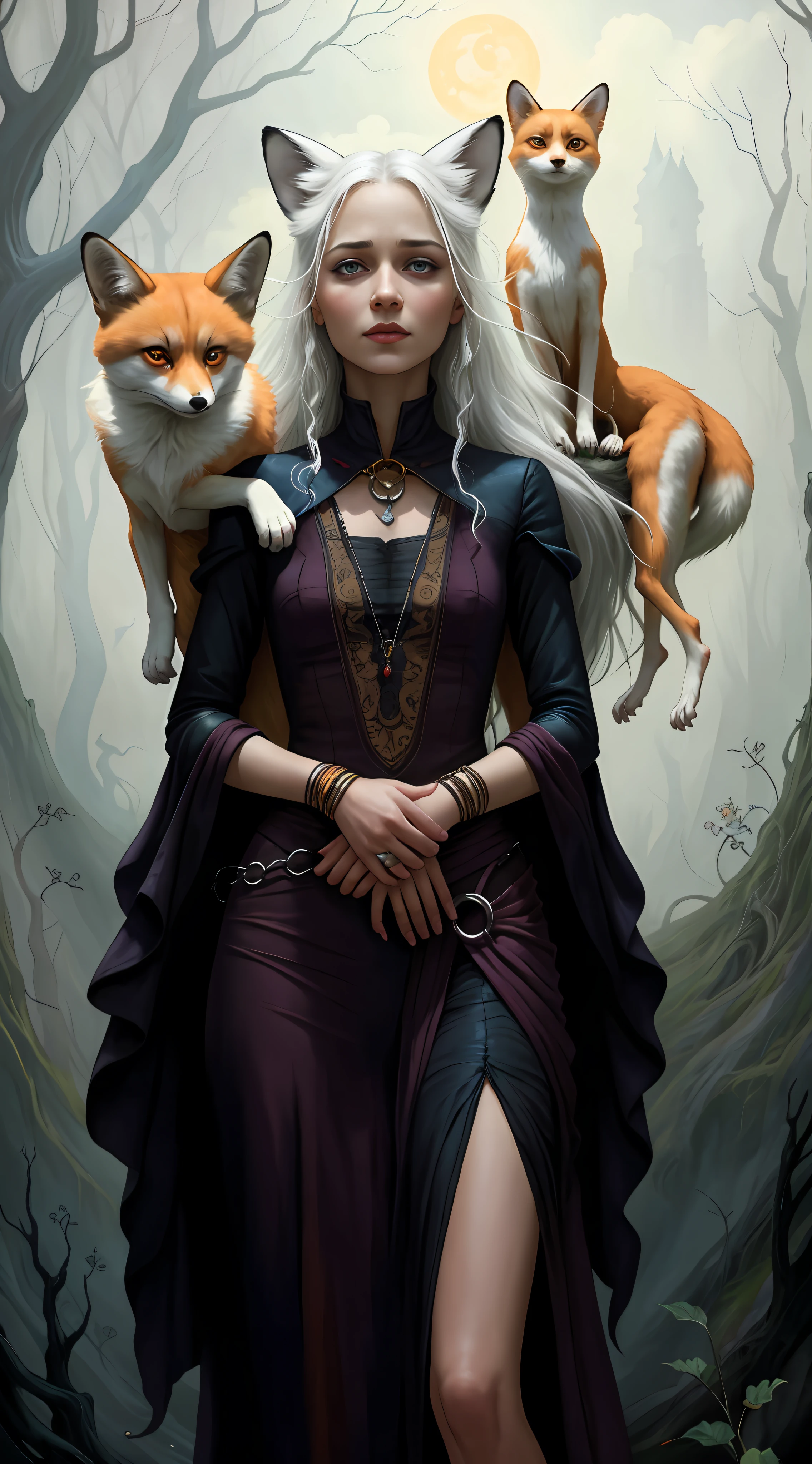 There is a brown gypsy with an evil look in a costume holding an albino fox on a mysterious night in a vast field, Ross Tran e Michael Whelan, fantasy genre portrait, Arte em Artstation, inspirado em Sophie Anderson, Magali Villeneuve e Monet, Ross Tran 8 K, pintura de personagem bonita, painting digital adorable, Alexey Egorov, Graphic artist Magali Villeneuve