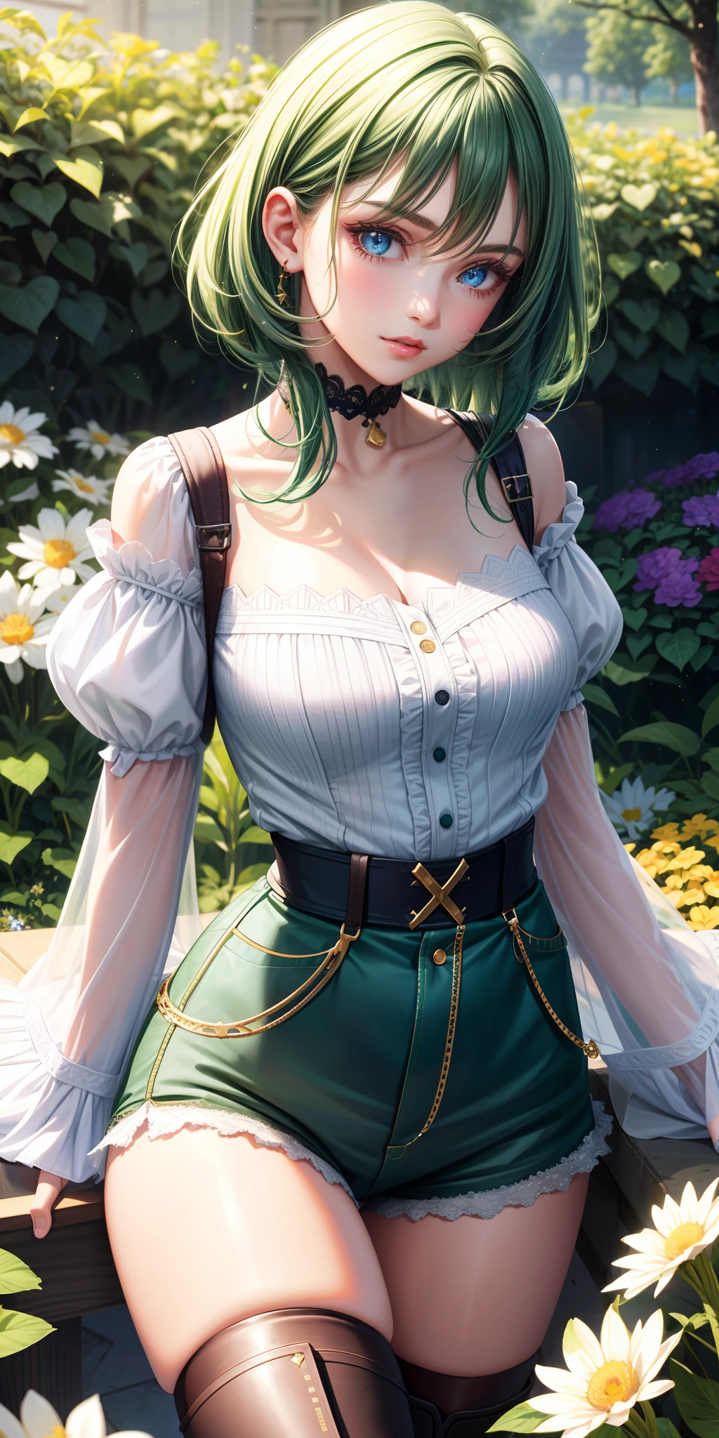Medium breasts, 1girl, ((dark green hair)) ((girl)), blue eyes, hyper-detailed eyes, has a perfect body, perfect curves, with medium breasts and a slim waist, puff sleeves blouse short ripped shorts, daring knee-high boots light makeup. young, realistic, best quality, cute expression, parted lips, lips, lilac lipstick color, beautiful day, amid flower garden