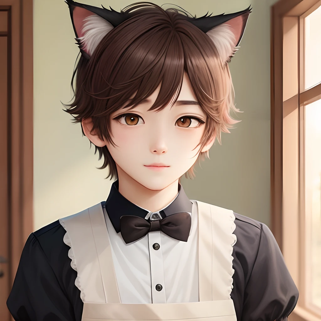 1 boy,cat ears, maid costume, brown hair, bangs