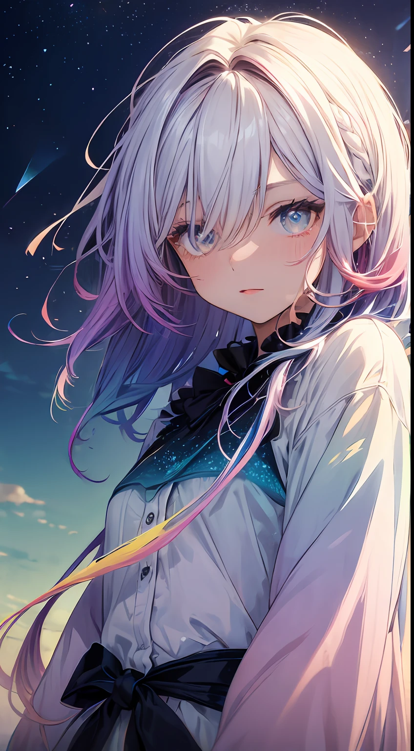 (gradient hair:1.6), dutch angle, film grain, chromatic aberration, starry sky, masterpiece, best quality, raw photo, photorealistic, absurdres, 1girl, cute, perspective, cowboy shot, highres, ultra detailed, finely detail, detailed eyes and face, sharp pupils, realistic pupils, sharp focus, summer, (white long dress:0.6)