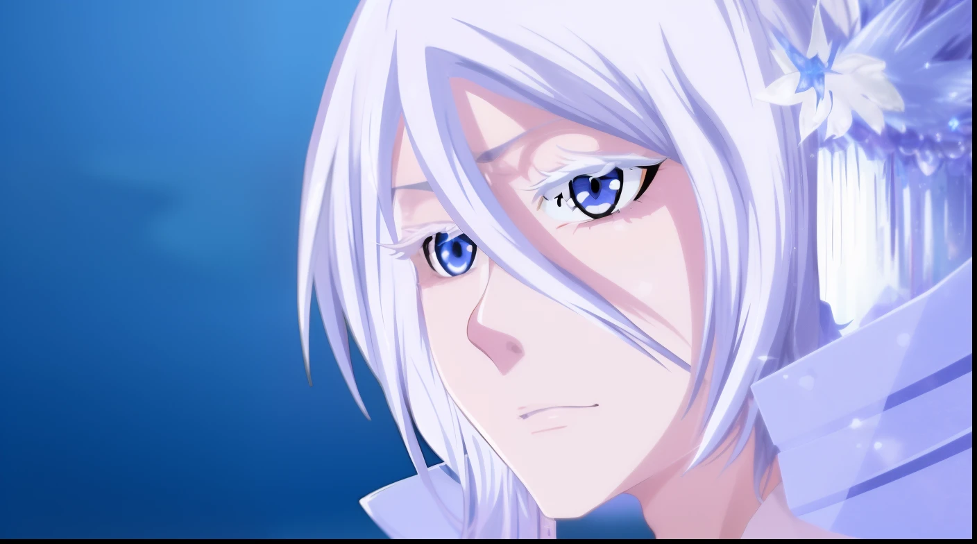 personagem de anime com cabelos brancos e olhos azuis olhando para algo, Foto de perfil de Rimuru Tempest, cabelos brancos, gelo-azul-olhos, personagem de anime masculino, estilo anime semi-realista, foto de rosto completo de Rimuru tempest, divindade de cabelos brancos, personagem estilo anime, olhos azuis de gelo, anime semi realista, 2 d estilo anime, personagem de anime, cabelos brancos