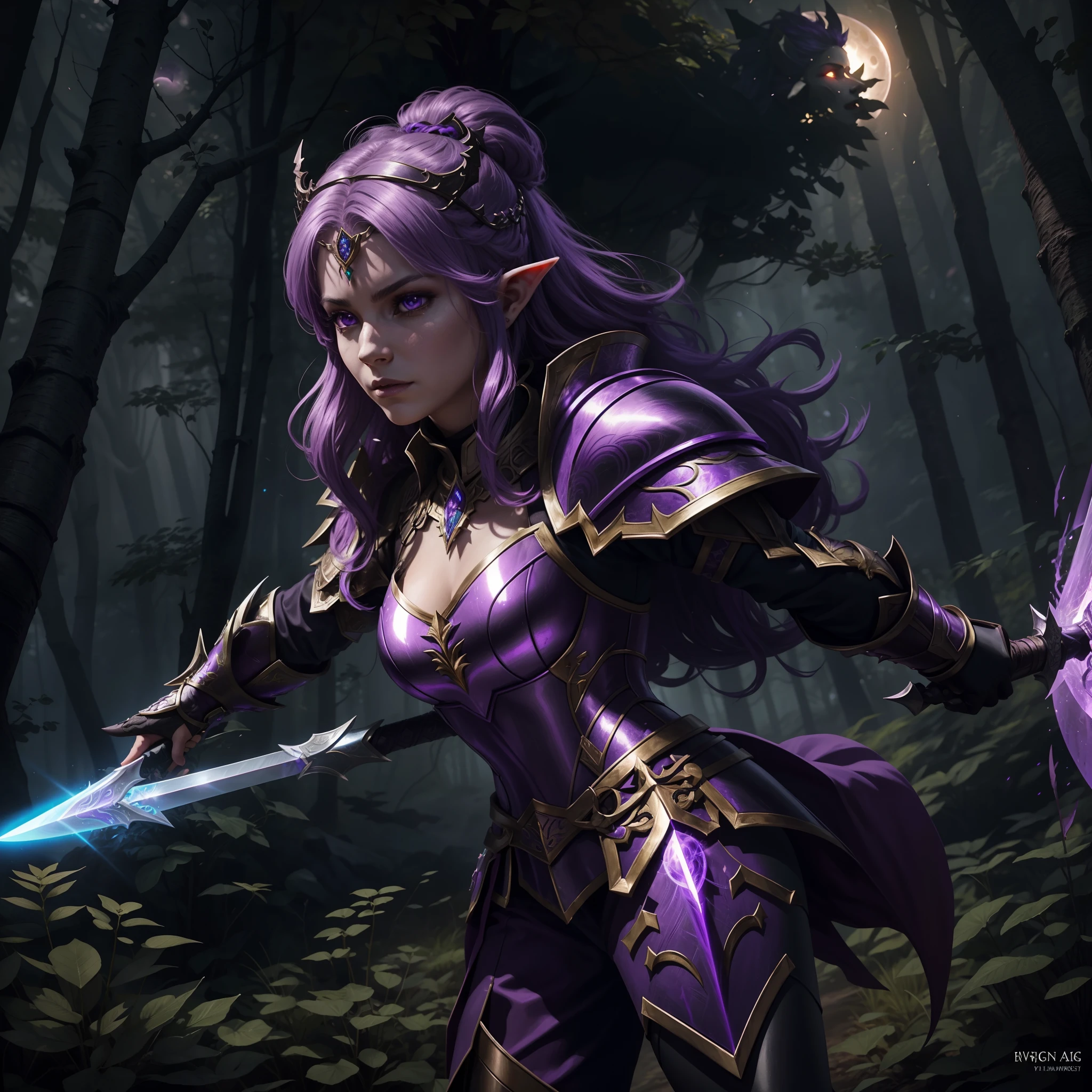 "1 female elf knight with regal purple hair, adorned in majestic armor, wielding a sword that radiates an ethereal glow, poised with determination to face off against a menacing black dragon, in a boreal forest during an eclipse, vivid illumination, 2d anime, fantasy, d&d style."