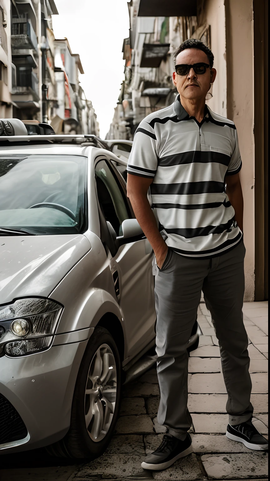 Photograph of a silver gray sedan car with the front facing the viewer and next to the car a man in sunglasses looking at the viewer, Facing the camera squarely, with your hands in your pockets, (((vestindo camiseta polo preta))), (((calca bege estilo safari com bolsos laterais))) e botina de trilha. (((cenario noturno))) com (((chao molhado))) e edificios de ambos os lados ds rua iluminada pelas luzes da rua. Fotografia profissional com camera Fujifilm XT3 (hiper-realismo: 1.3), (fotorrealista, 8k, UHD: 1.3), (hiper detalhado: 1.2), Photography with Chiaroscuro Technique