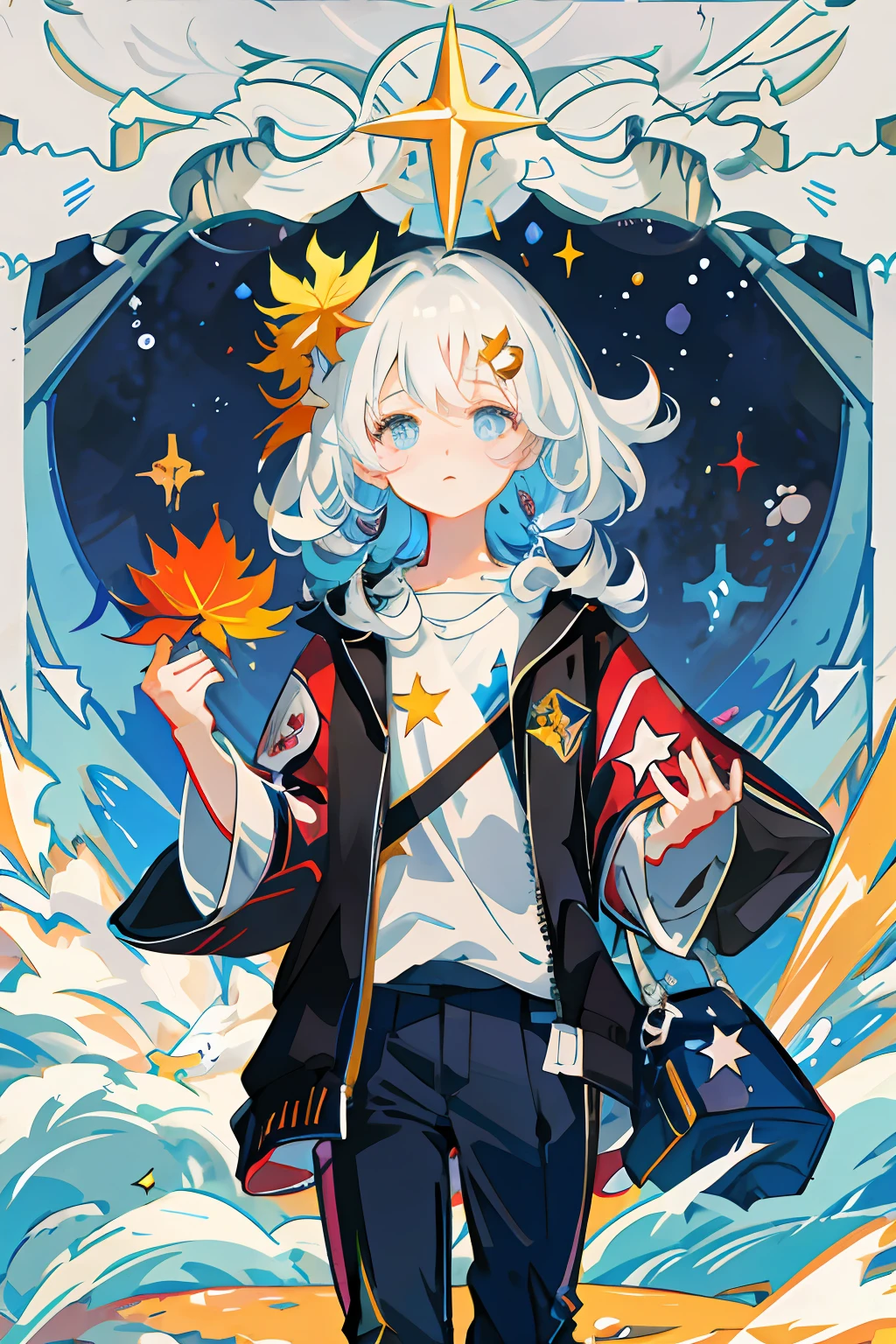Korean games《MapleStory》,Libido boy,White fluffy medium long hair,A pair of cute starry eyes,Wearing a long white dressing gown