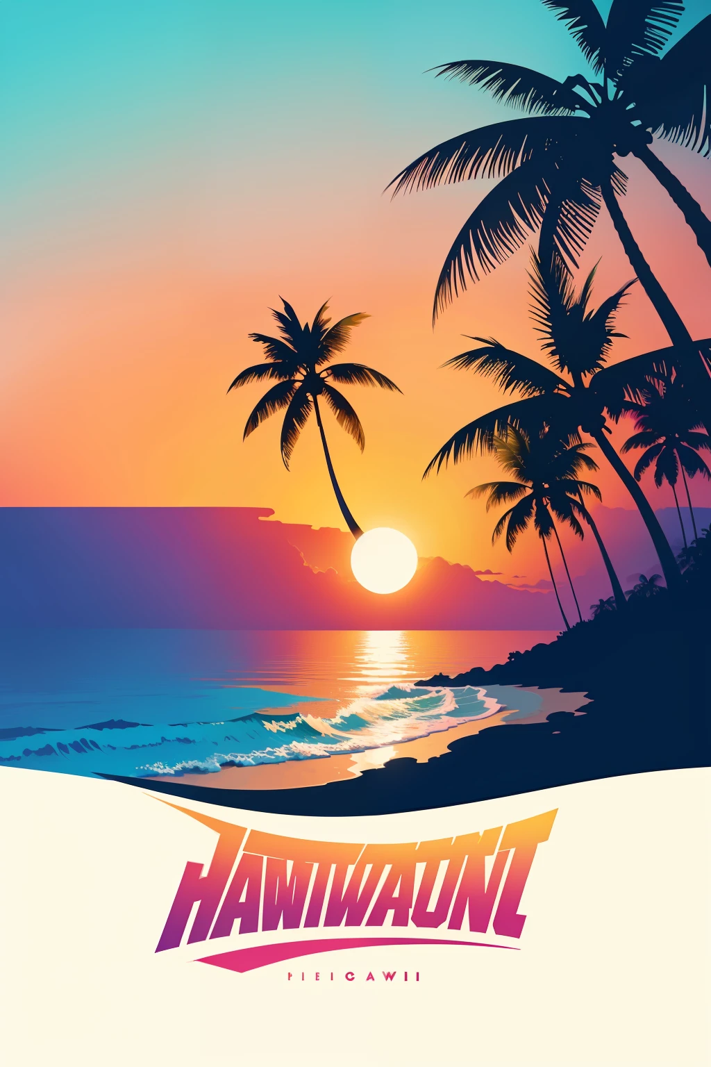((vibrant colors:0.9),logo illustration:1.2, Hawaiian Sunset with palm trees:1.1),white solid background,drop shadow,graphic style,vector art