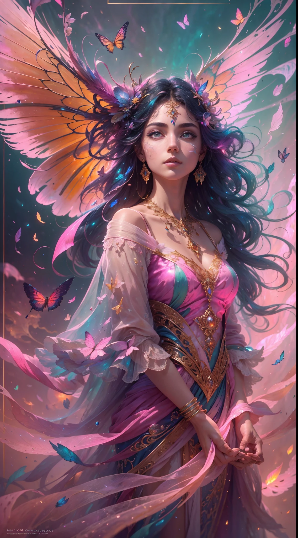 (((masterpiece))), (((best quality))), ((ultra-detailed)),(highly detailed CG illustration), ((an extremely delicate and beautiful)),cinematic light, Create a stunning fantasy artwork that mimics the style of currently trending masters of the genre. The art piece should contain elements of both mythic fantasy and fairytale fantasy with colorful accents. ((Utilize various shades of pink and watercolor pastels as the main color scheme.)) The character in the artwork is a delicate but strong petite figure with an aura of mystery and magic. Pay close attention to intricate facial features, such as mesmerizing eyes with vibrant colors and bold shading. The character's clothing should be designed with gossamer feathers, silk, stunning embroidery, and subtle iridescent details. Incorporate dreamy colors, dynamic lighting, and detailed background elements to create a sense of awe and immersion. Include colorful flying magical birds and jewel-toned butterflies radiating a magical aura. Consider the latest trends in fantasy art, such as incorporating unique lighting effects, exploring dynamic and compelling composition techniques, and experimenting with unique color palettes. Take inspiration from the top artists on ArtStation and Midjourney. Camera: Choose an angle that highlights the character's beauty and enhances the magical majesty of the artwork. Lighting: Utilize atmospheric lighting techniques to create depth and mood. Resolution: Aim for a high-resolution artwork to showcase intricate details and clarity. Art Inspirations: Seek inspiration from the trending artists on ArtStation, exploring different styles, genres, and themes.