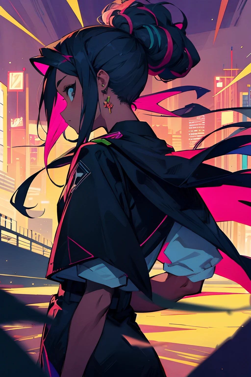melhor qualidade, papel de parede 4K, obra-prima, extremamente detalhado CG unidade de papel de parede 8k, olhos extremamente detalhados, ultra-detalhado, detalhes intrincados, 1boy, estilo de arte retro, estilo de arte neon_pop, Public, ao ar livre, sinal de estrada, cidade,pele_negra, cabelo preto, cabelo curto,dreads no cabelo, homem