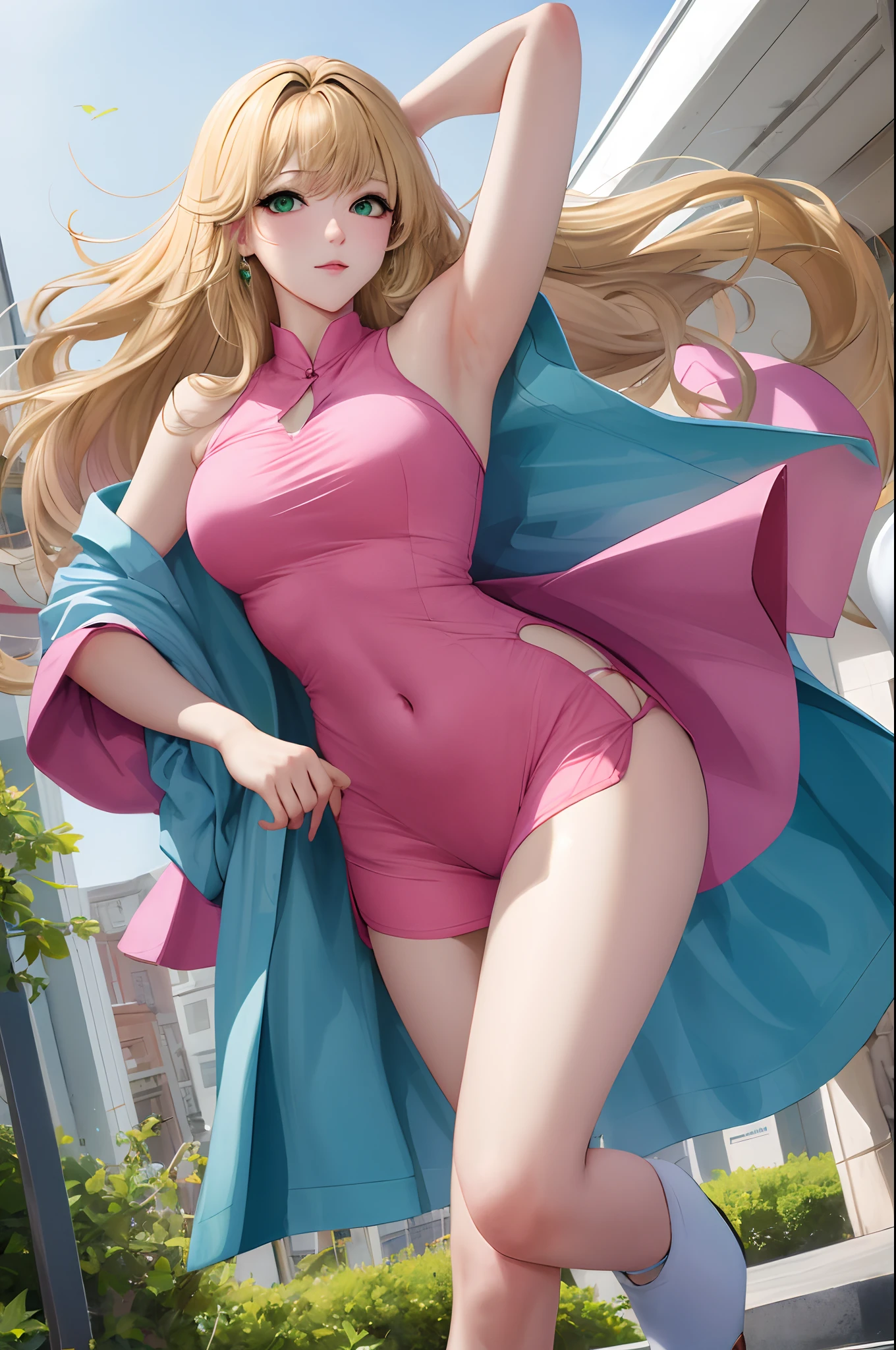 Make an open-legged hentai of a randomly developed character with blonde hair, green eyes, pink breasts and pussy perfect pussy with in-line hair removal