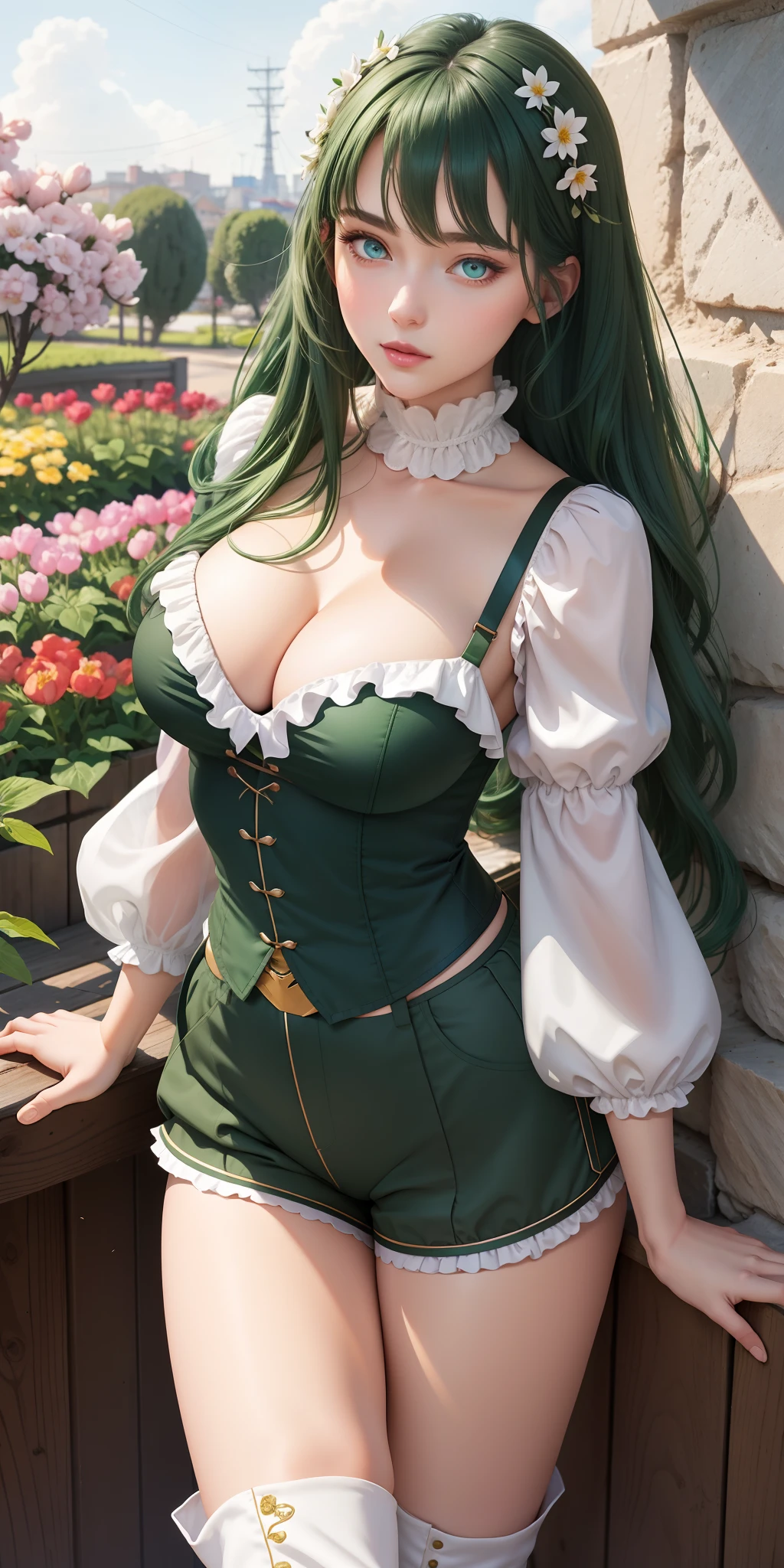 Medium breasts, 1girl, ((dark green hair)) ((girl)), blue eyes, hyper-detailed eyes, has a perfect body, perfect curves, with medium breasts and a slim waist, puff sleeves blouse short ripped shorts, daring knee-high boots light makeup. young, realistic, best quality, cute expression, parted lips, lips, lilac lipstick color, beautiful day, amid flower garden