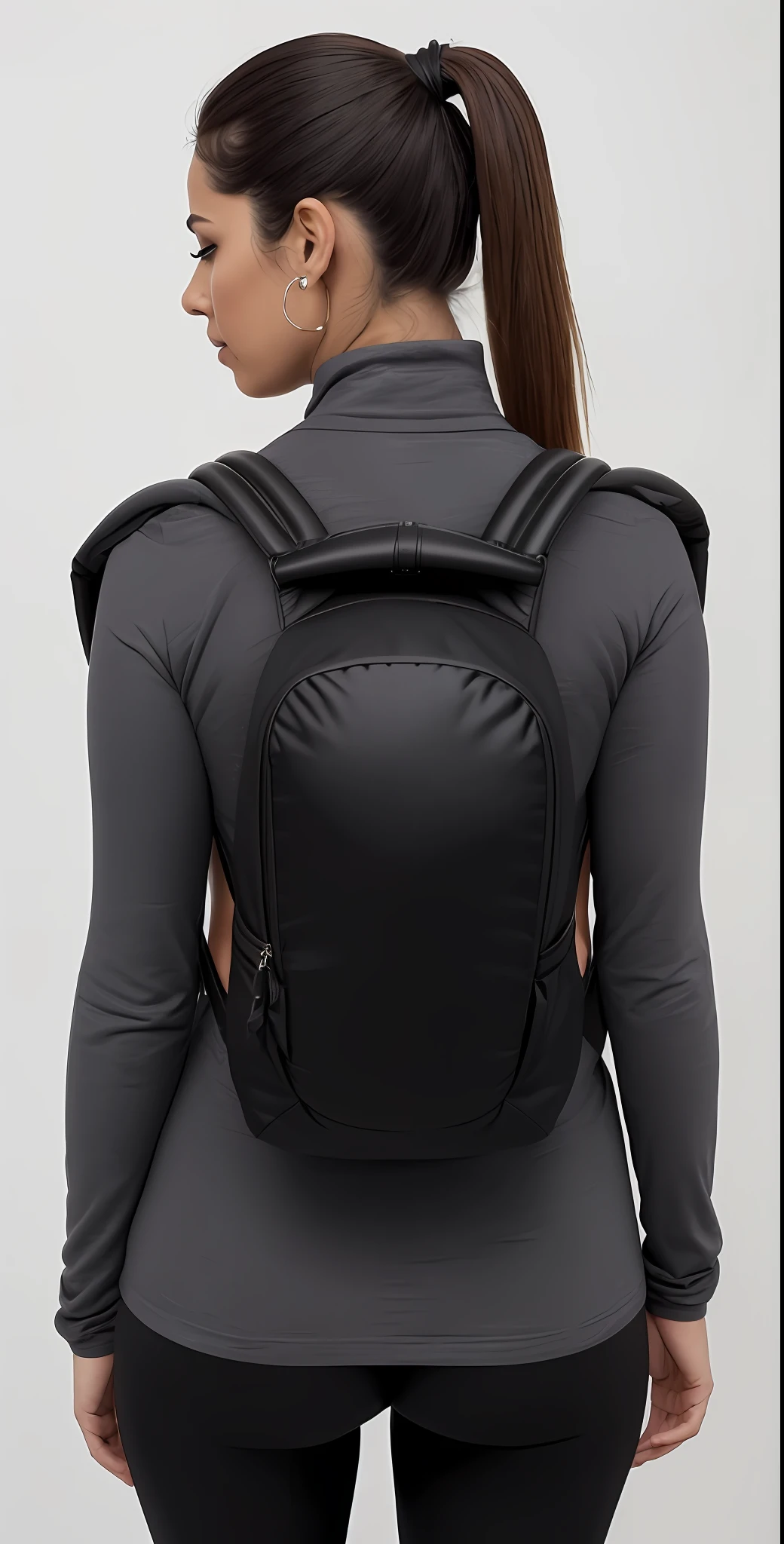 the back view of a beautiful woman and (((defined buttocks))) (((usando uma mochila preta))), mochila, com uma mochila, uma mochila, uma mulher usando uma mochila, a mulher tem uma mochila, 3/4 vista frontal, F / 2 0, com dois bolsos frontais, ao nascer do sol, ao entardecer!, rear facing, F/9, ao entardecer, um preto, postapo, F / 3 2