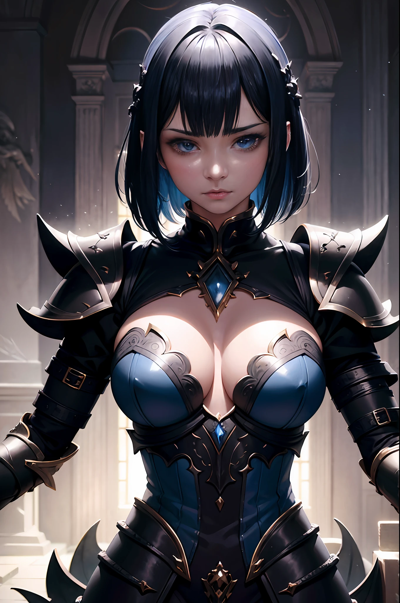 intricate surface detail texture, smooth skin, hyper real, ultra fine detailed skin, ultra quality, cinematic still, 16k, conceptual contrast, 1girl, poster art, wizard and dragon core, layered bob hair, look of compassion, mystical atmosphere, integrity, tonal contrast, foreboding colors, neo-baroque atmosphere, multilayered, inverted triangle face, elaborate armor costumes, dark white and indigo, thick oil painting, fantastic realism, vibrant colors, associate press photo,
