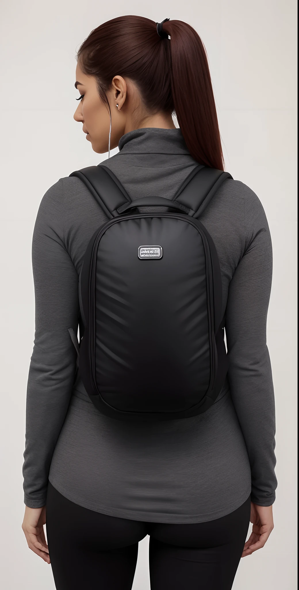 the back view of a beautiful woman and (((defined buttocks))) (((usando uma mochila preta))), mochila, com uma mochila, uma mochila, uma mulher usando uma mochila, a mulher tem uma mochila, 3/4 vista frontal, F / 2 0, com dois bolsos frontais, ao nascer do sol, ao entardecer!, rear facing, F/9, ao entardecer, um preto, postapo, F / 3 2