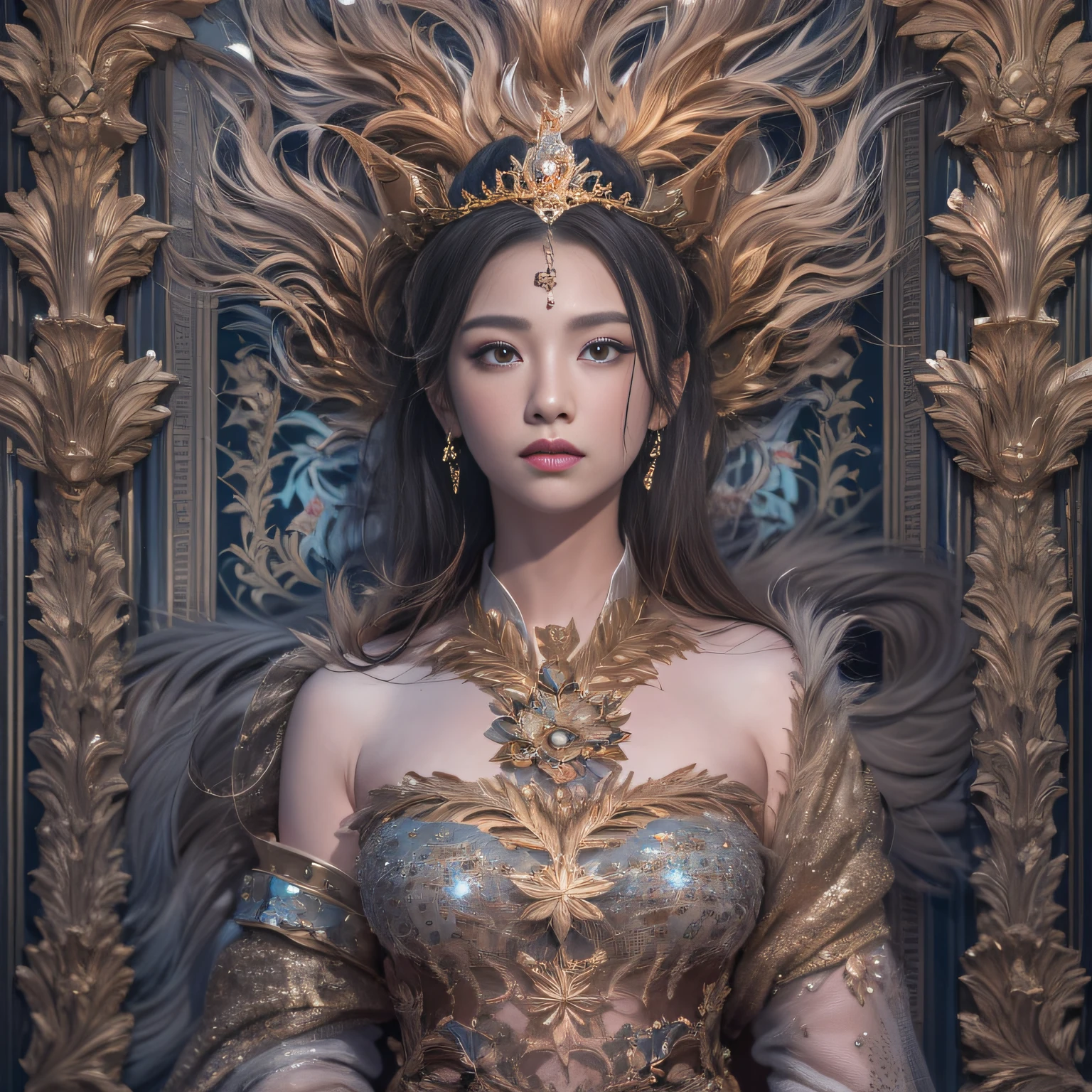 16k（tmasterpiece，k hd，hyper HD，16k）short detailed hair，Gold jewelry area in the back room，Redhead Queen ，Silver Dragon Protector （realisticlying：1.4），Python pattern robe，Purple-pink tiara，Snowflakes fluttering，The background is pure，Hold your head high，Be proud，The nostrils look at people， A high resolution， the detail， RAW photogr， Sharp Re， Nikon D850 Film Stock Photo by Jefferies Lee 4 Kodak Portra 400 Camera F1.6 shots, Rich colors, ultra-realistic vivid textures, Dramatic lighting, Unreal Engine Art Station Trend, cinestir 800，Hold your head high，Be proud，The nostrils look at people