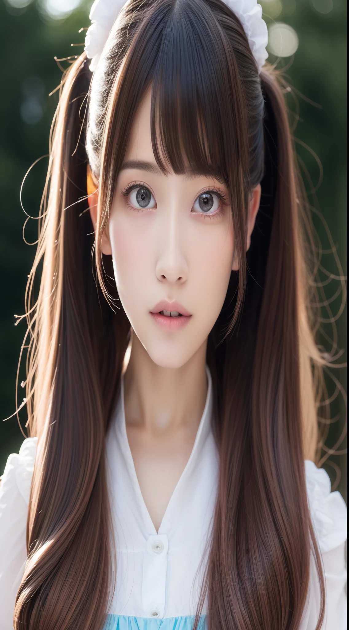 a close up of a person with long hair wearing a dress, Cute Girl Visual, pink twintail hair and cyan eyes, Good Style, Shirabii, Girl in maid costume,length hair, Raw photo、high-level image quality、A hyper-realistic、、top-quality、realisitic、realisitic、ighly detailed、extremely delicate and beautiful、Raw photography、profetional lighting、lighting on the face、depth of fields、Single focal length、full body Esbian、a 20 yo woman、small head、beautidful eyes、True Face、authentic skin、Lifelike face、real looking skin、A detailed eye、(Fashionable hairstyles:1.3)detaileds、petite and delicate physique,,