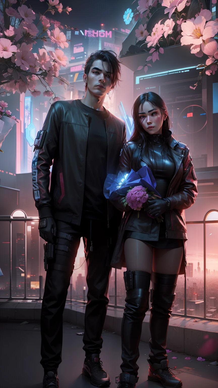 Change background, cyberpunk couple , girl holding flower bouquet, realistic face, ultra realistic