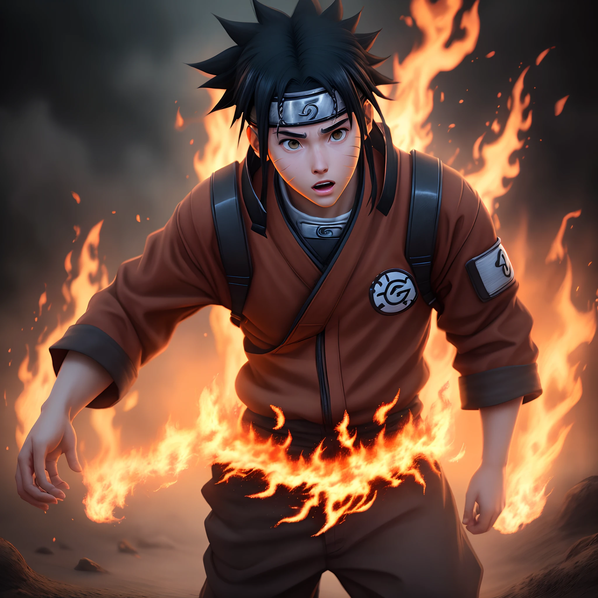 cinematic shot of realistic cute naruto , surounded by fire, seamless, epic, cinematic, intricate detail, award winning, great lighting, shading, high quality, detailed