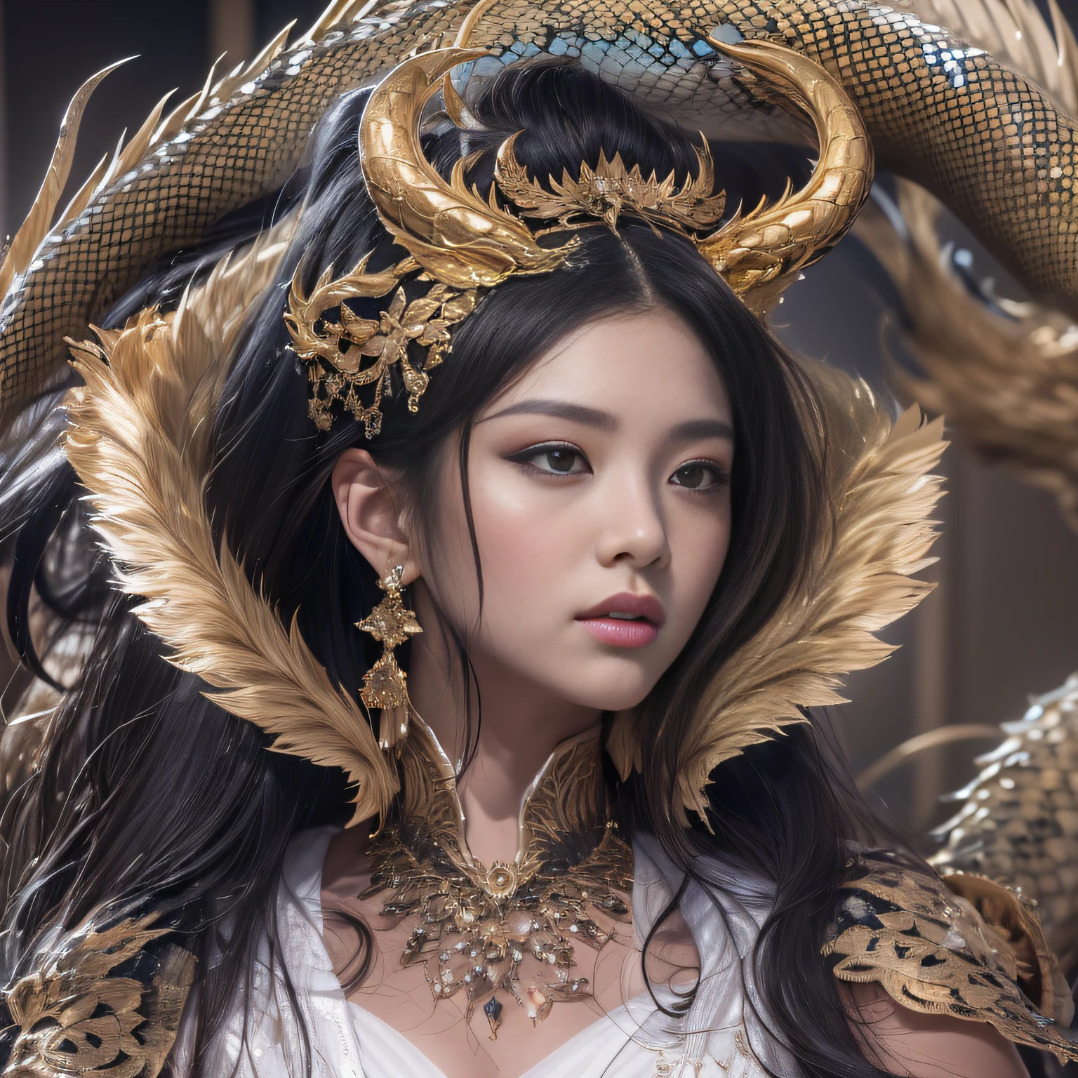 16k(tmasterpiece,k hd,hyper HD,16k)Long flowing black hair,Gold jewelry area in the back room,Brunette king girl ,Silver Dragon Protector (realisticlying:1.4),Python pattern robe,Purple-pink tiara,Snowflakes fluttering,The background is pure,Hold your head high,Be proud,The nostrils look at people, A high resolution, the detail, RAW photogr, Sharp Re, Nikon D850 Film Stock Photo by Jefferies Lee 4 Kodak Portra 400 Camera F1.6 shots, Rich colors, ultra-realistic vivid textures, Dramatic lighting, Unreal Engine Art Station Trend, cinestir 800,Hold your head high,Be proud,The nostrils look at people