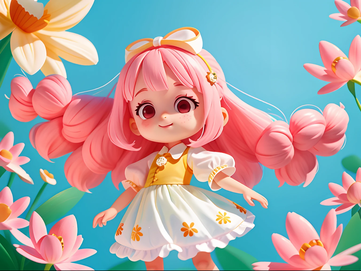 Personagem menina, de cabelos longos, fundo transparente, fundo branco, roupa delicada rosa, casaco florido, , various positions , feliz, assustada, seria