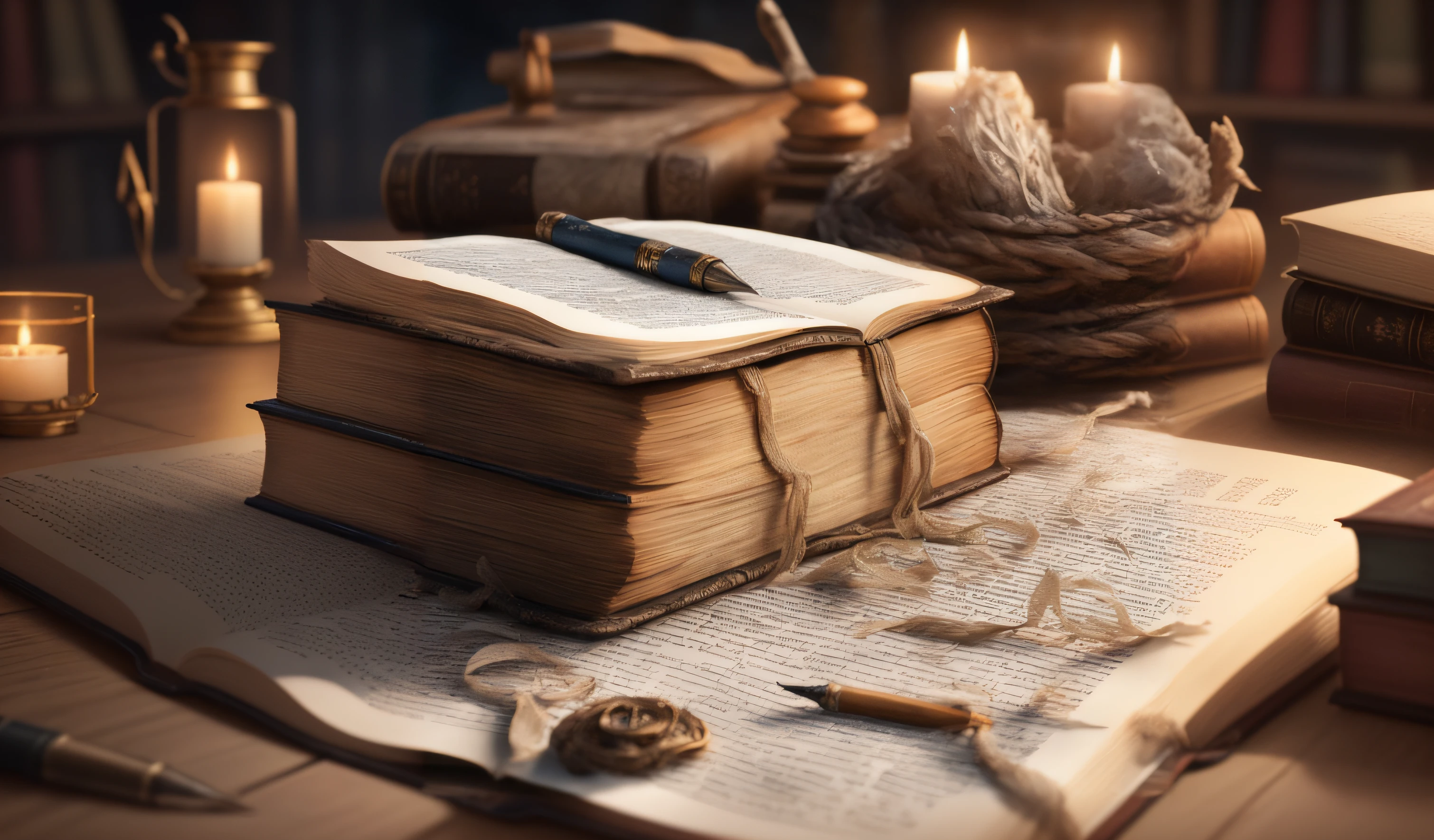 There is a book with a pen and a candle on a table, livros antigos e caneta de mergulho, com um livro vintage em uma mesa, fantasy book illustration, detailed book illustration, livro antigo, renderizado em corona, daily render, realistic fantasy rendering, manuscritos e pergaminhos antigos, Directed by: Aleksander Gierymski, bem editado, papers and tomes, highdetailed