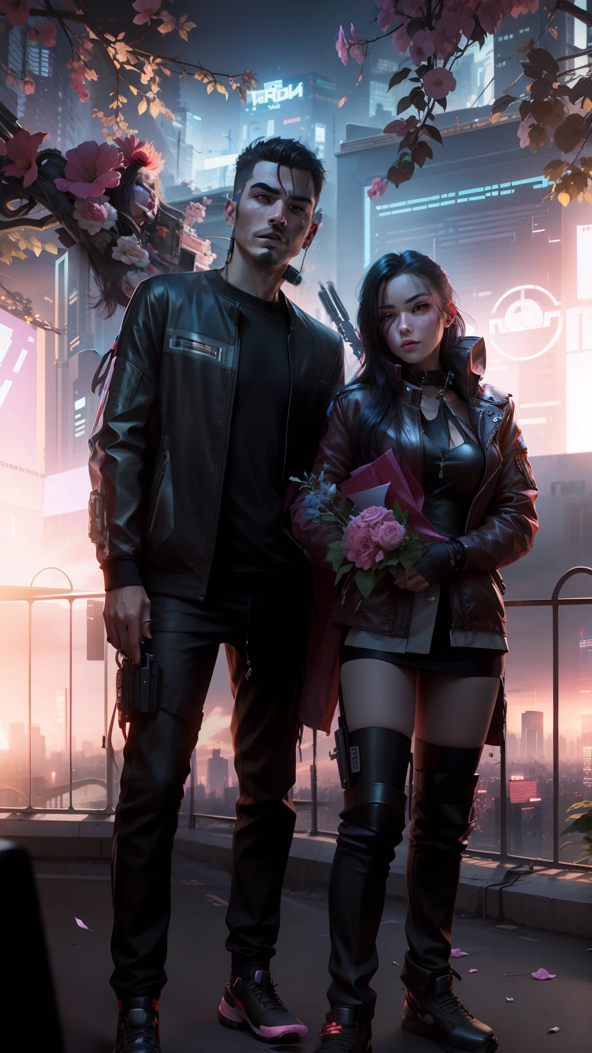 Change background, cyberpunk couple , girl holding flower bouquet, realistic face, ultra realistic