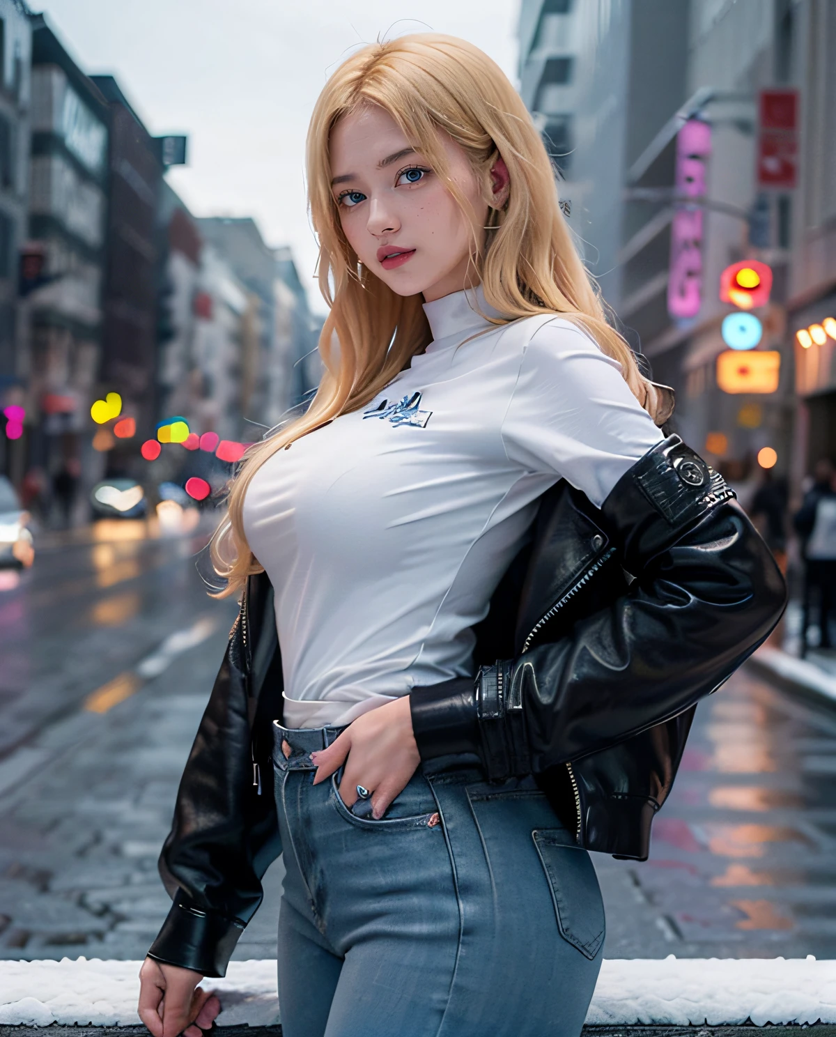 1girl, (Blue Eyes), sonrisa sexy, (Low View), ((Sana Minatozaki)), wide hips, big breasts, big butt, (Best Quality, 8k, Masterpiece: 1.3)), Clear Focus: 1.2, Perfect Body Beauty: 1.4 , Slim abs: 1.2, wet body: 1.5, highly detailed face and skin texture, detailed eyes, double eyelids, long blonde hair, (long-sleeved shirt with black leather jacket), high waist jeans), look back, standing, in a snowy city at night, full body