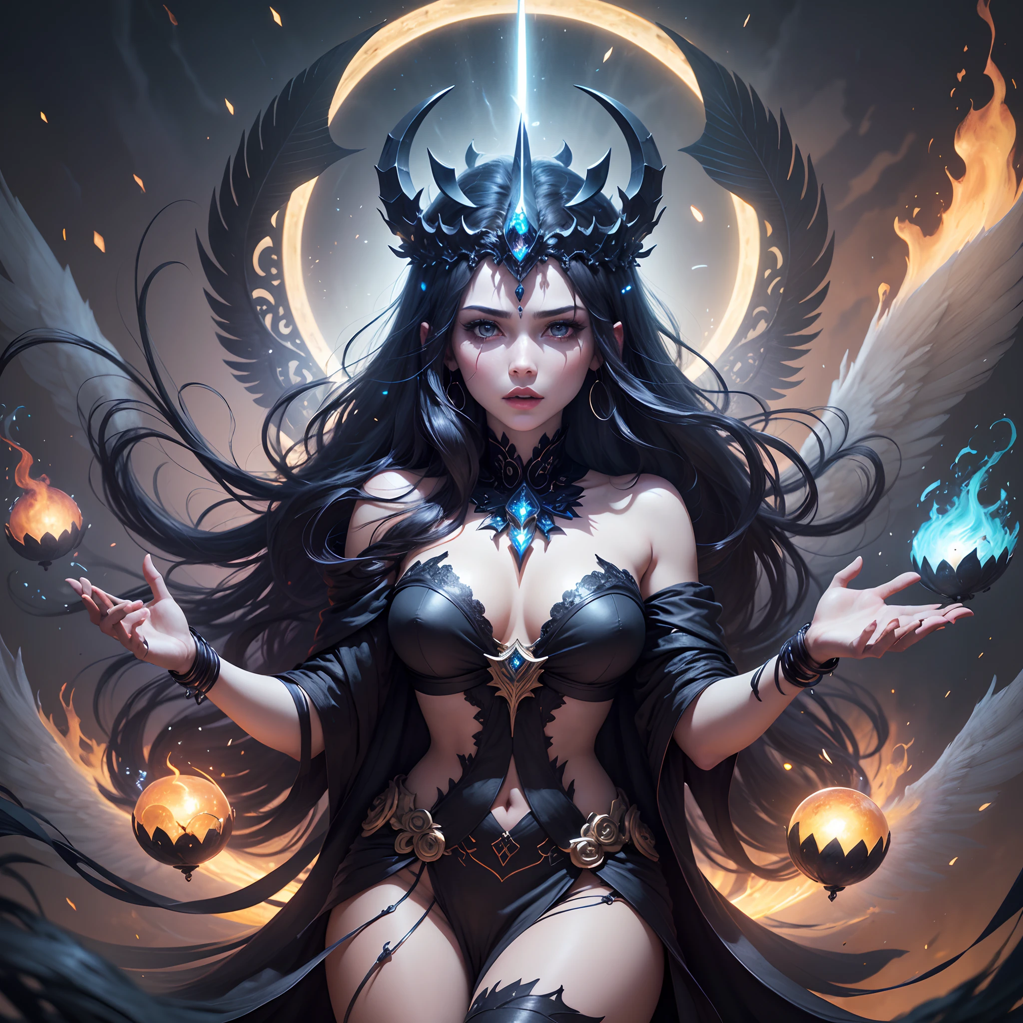 NYX was the goddess of the night, one of the primordial gods (protogenoi) who emerged as the dawn of creation.
She was a child of Khaos (Chaos, Air), and coupling with Erebos (Darkness) she produced Aither (Aether, Light) and Hemera (Day). Alone she spawned a brood of dark spirits including the three Fates, Sleep, Death, Strife and Pain.
Nyx was an ancient deity usually envisaged as the very substance of the night of dark mists drawn across the sky to obscure the light of Aither, the shining blue of the heavens. Her opposite number was Hemera (Day) who scattered the mists of night at dawn.
In ancient art Nyx was depicted as a either a winged goddess or charioteer, sometimes crowned with an aureole of dark mists. ((masterpiece, best quality)), fujifilm, 32k --auto --s2