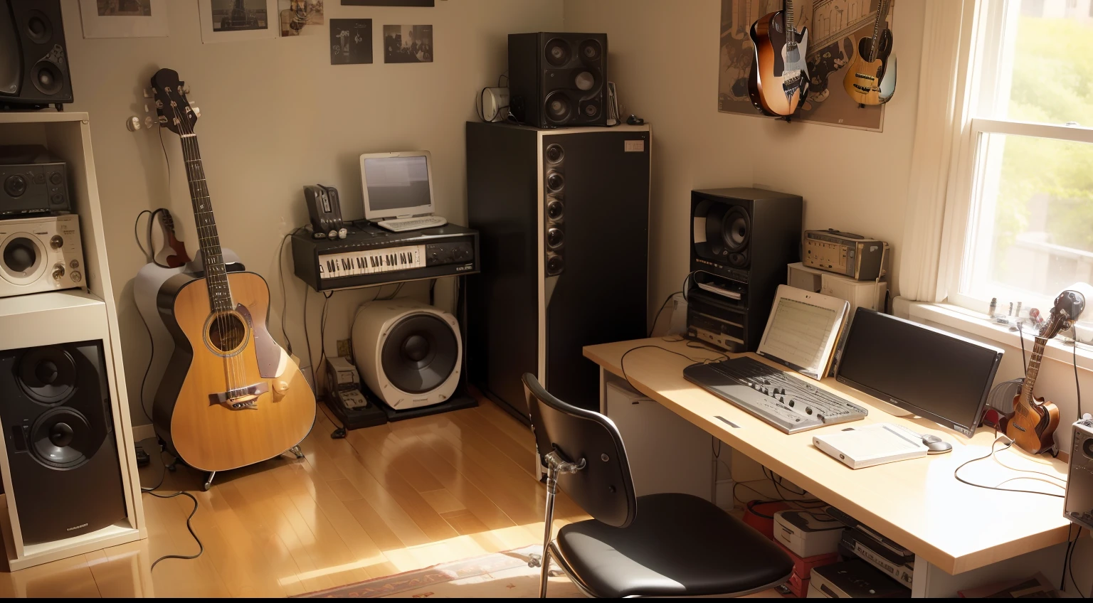 It's a musician's room、There are smaller guitars、I have a personal computer