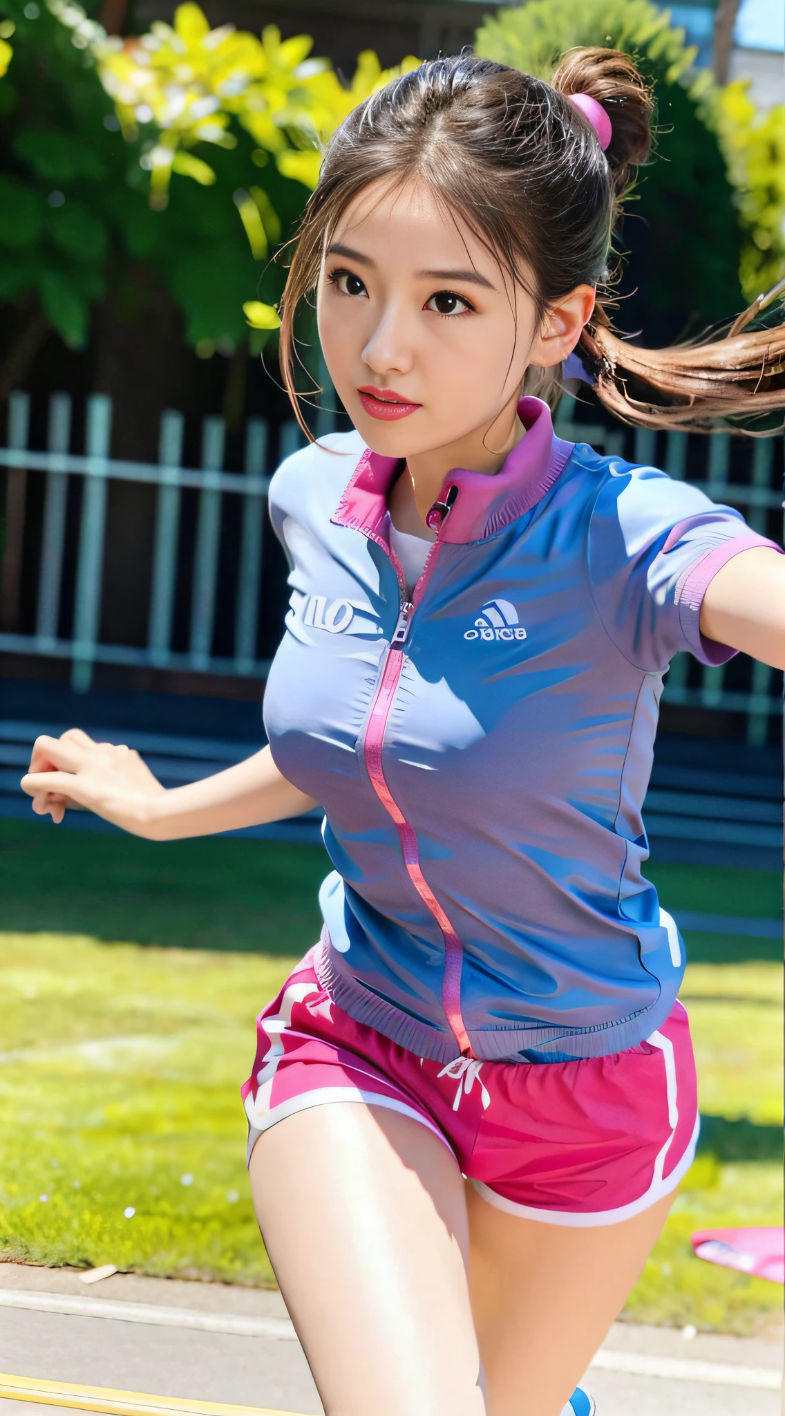 Photo Quality、An ultra-high picture quality、8K、32K、女の子1人、独奏、Running、Grey tracktop、Pink shorts、poneyTail、Athletic physique、Dynamic brush strokes、Fluid movement、Capture the essence of her athletic skills and energy、Use bright colors and soft tones to create a dreamy and fantastic atmosphere、Running movement and grace、Ponytails and clothes fluttering in the wind、Expresses the surrounding scenery。plein air、细致背景、Modern metropolis、Correct fingers