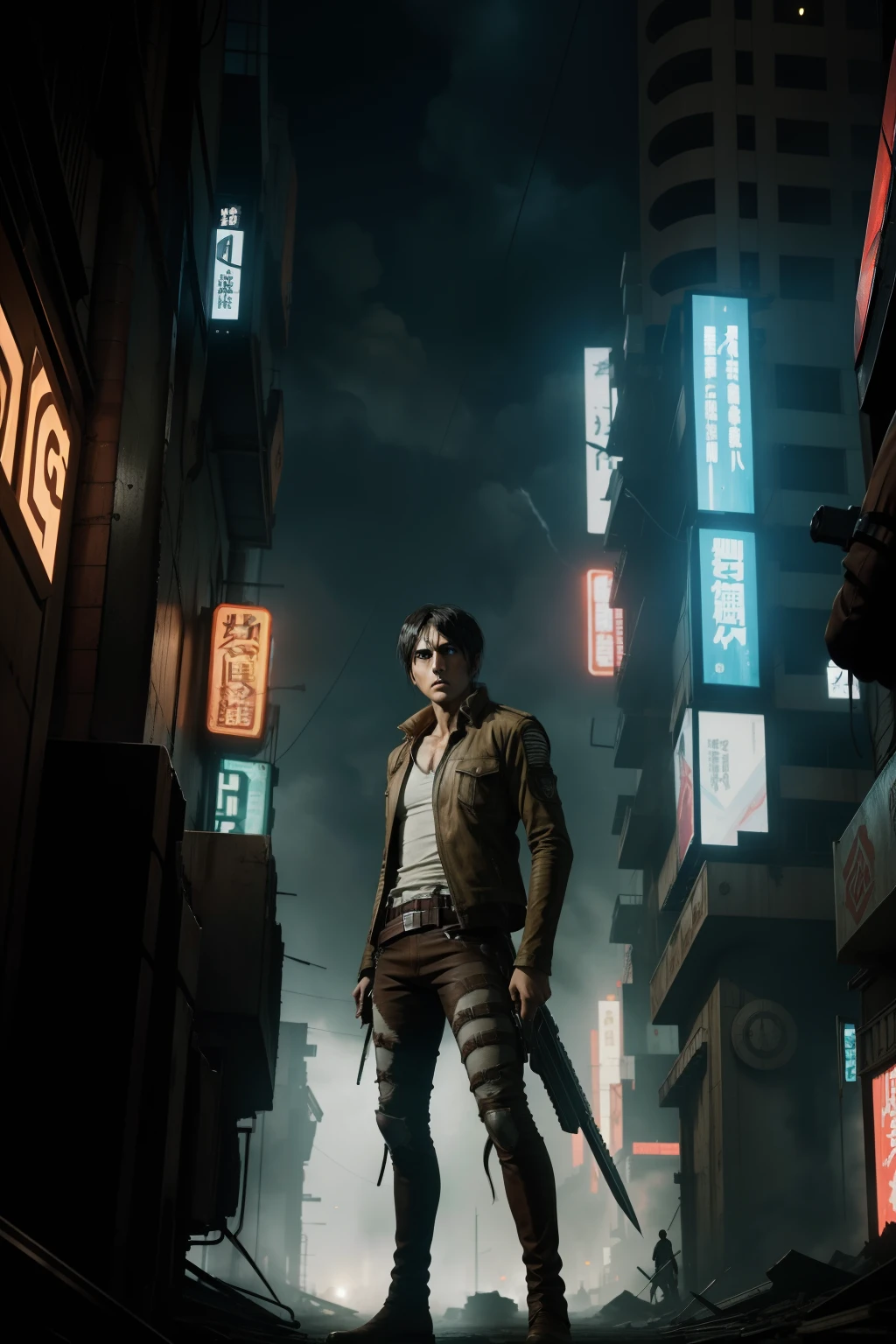 Eren Yeager (Attack on Titan) Blade merger (Blade Runner): A young man facing off against titans and a replicant hunter in a cyberpunk world.