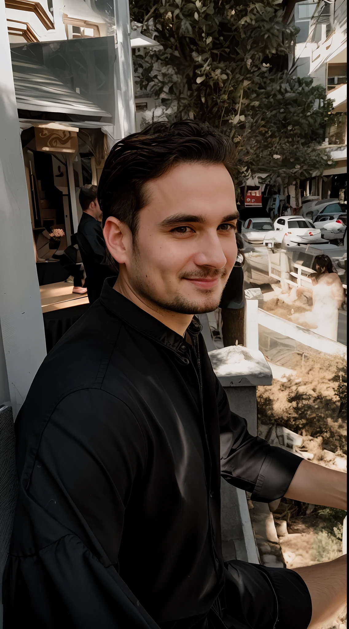RAW photo, face portrait photo of beautiful 29 y.o man, cute face, wearing black dress, happy face, hard shadows, cinematic shot, dramatic lighting