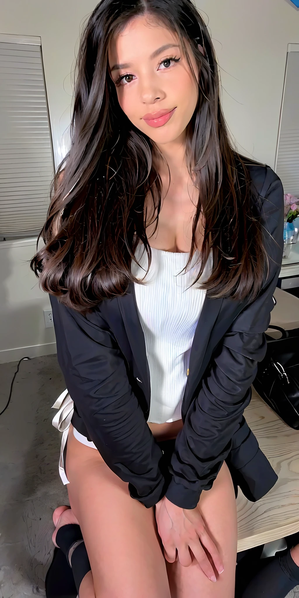 ((8k, RAW photos, top quality, masterpieces), high-definition RAW color photos professional close-up photos, (realistic, photorealism: 1.37), (highest quality), (best shadows), (best illustrations), collarbones ((big)), ((erotic, sexy, ultra high resolution, high-definition CG unified 8K wallpapers, physically based rendering, movie lighting), (aegyo sal:1), 18 year old girl, (grey blazer, ribbon, socks, high school uniform: 1.2), high school classroom, beautiful detail eyes, light on the face, ((full body shot: 1.2)), especially strong light, (upper eyes, grinning smile:1.2),shiny skin, (((black hair, bob hair:1.2))), ( thick thighs), ulzzang-6500-v1.1:0.2, shy, (flash:1.2), NSFW , (puffy), ((seductive posture: 1.2, attractive: 1.2)), (idle), (sitting at a desk in classroom: 1.2)), ((good anatomy: 1.2)), ((bright and refreshing classroom, background blurred: 1.2)), perfect face, cute face, (high angle shot:1.2)
