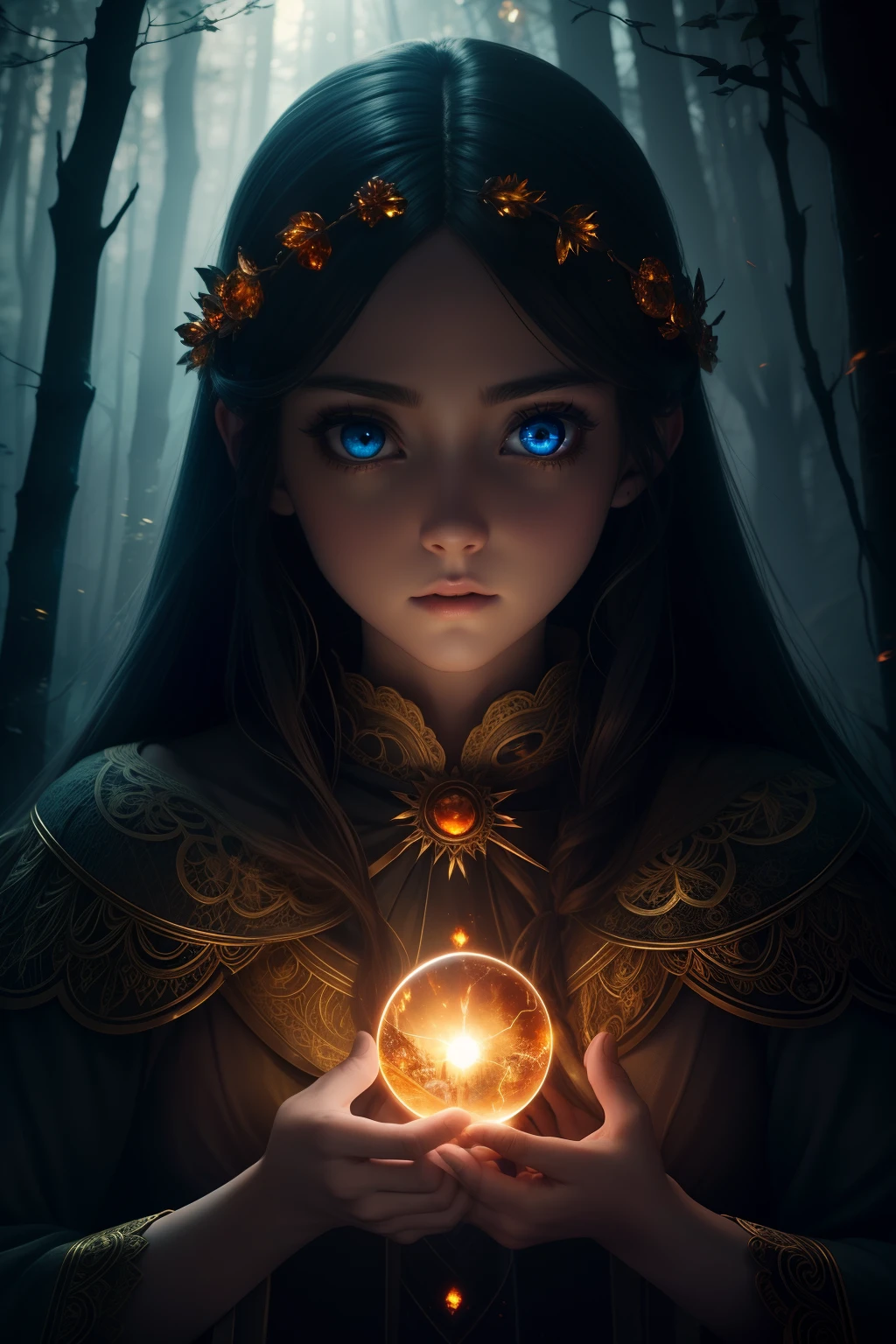 female ghost in a magical forest, night, wild magic, sparkels, dark, ((amber eyes)), glowing, soft colors, lightbeam, big eyes, reflective eyes, perfects eyes,, ((glowing_eyes)), anime style, intricate detailed, fantasy, concept art, digital art, intricate, masterpiece, expert, insanely detailed, 32k, cinematic, dramatic atmosphere, volumetric lighting, cinematic lighting, studio quality